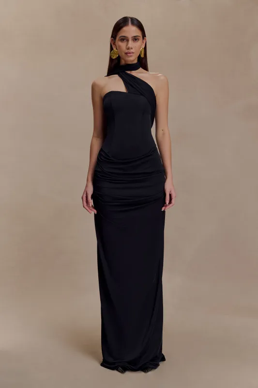 Mattea Slinky And Mesh Maxi Dress With Scarf - Black sold by Meshki