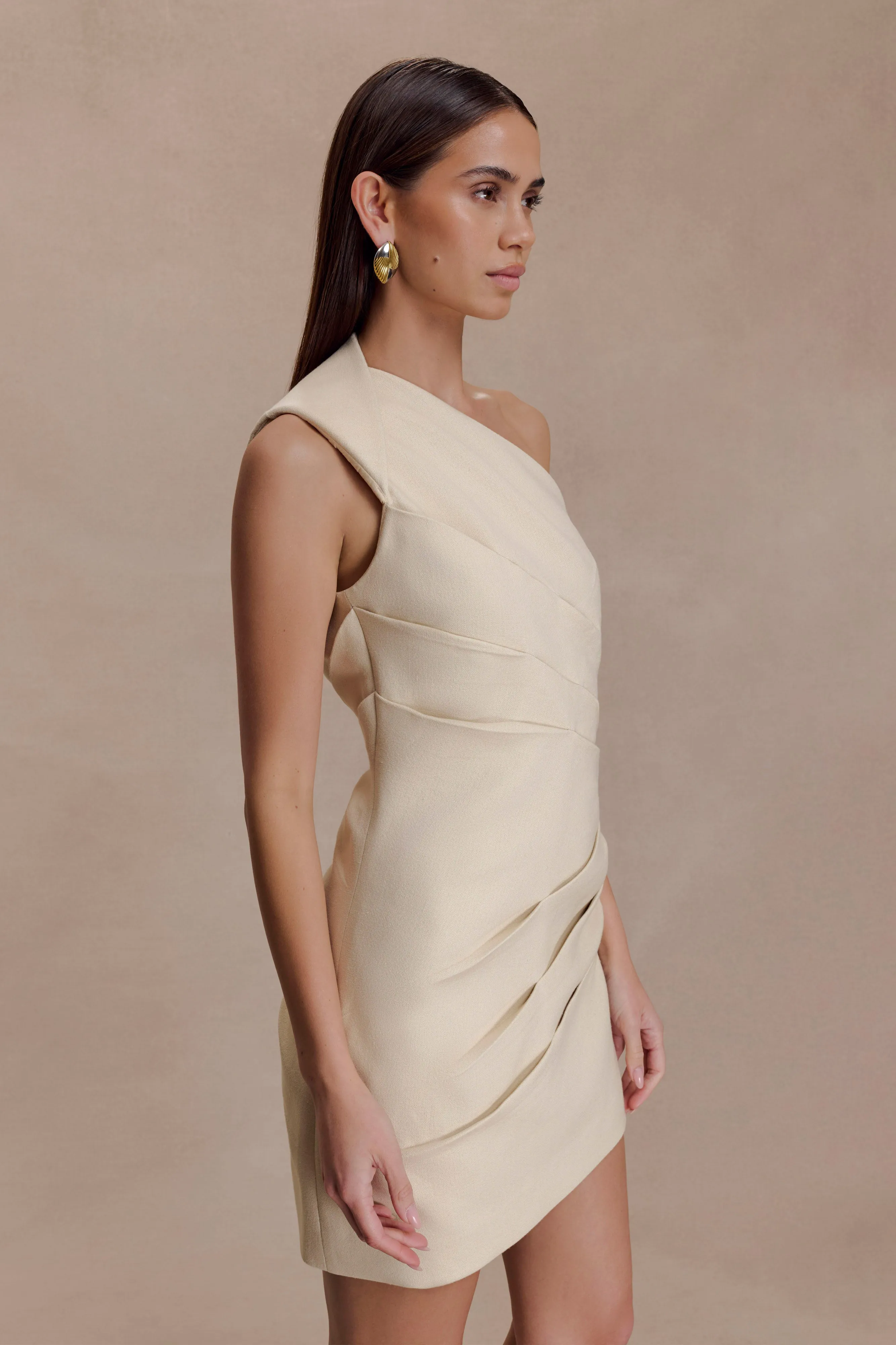 Helena One Shoulder Linen Mini Dress - Natural Beige sold by Meshki product image thumbnail 4