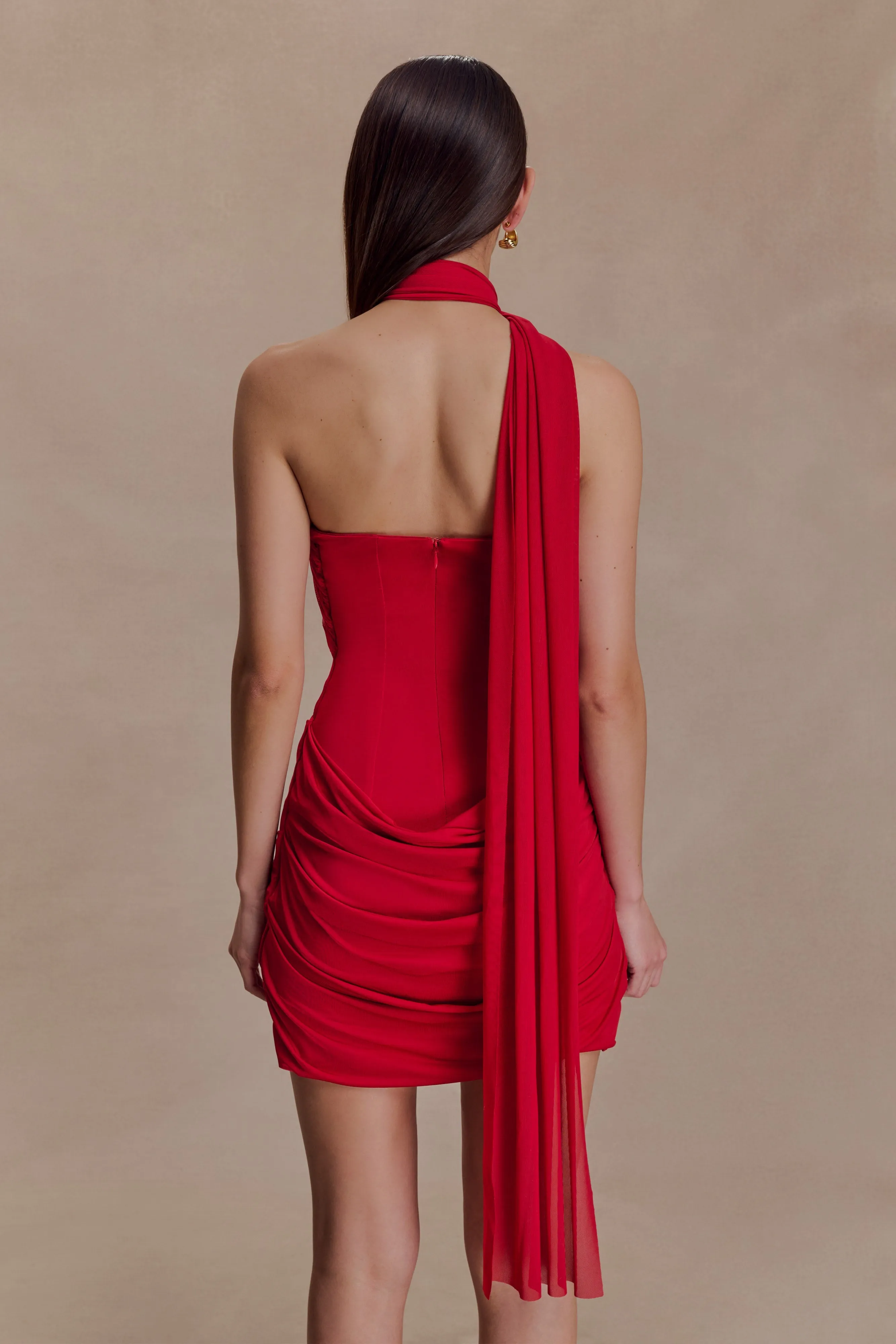 Mattea Slinky And Mesh Mini Dress With Scarf - Red sold by Meshki product image thumbnail 2