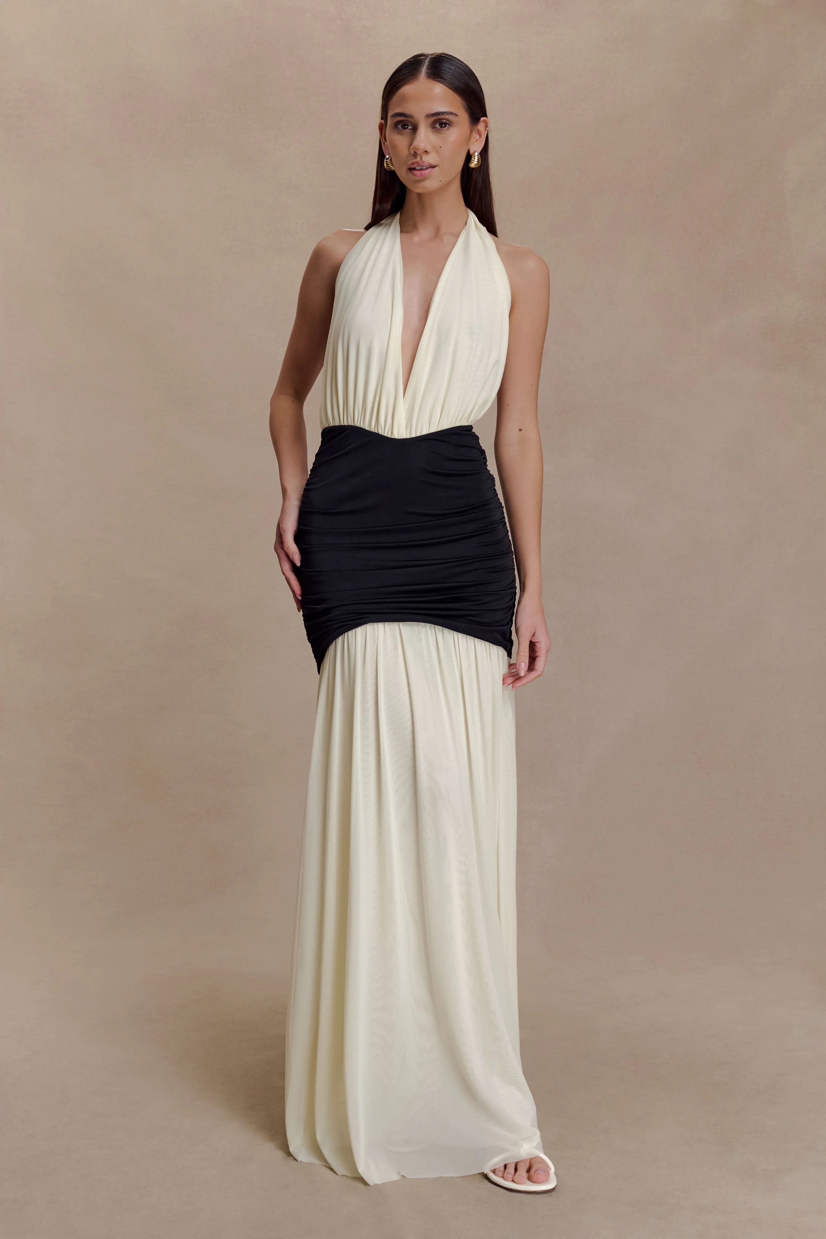 Hailee Slinky And Mesh Halter Maxi Dress - Black/White sold by Meshki product image thumbnail 3