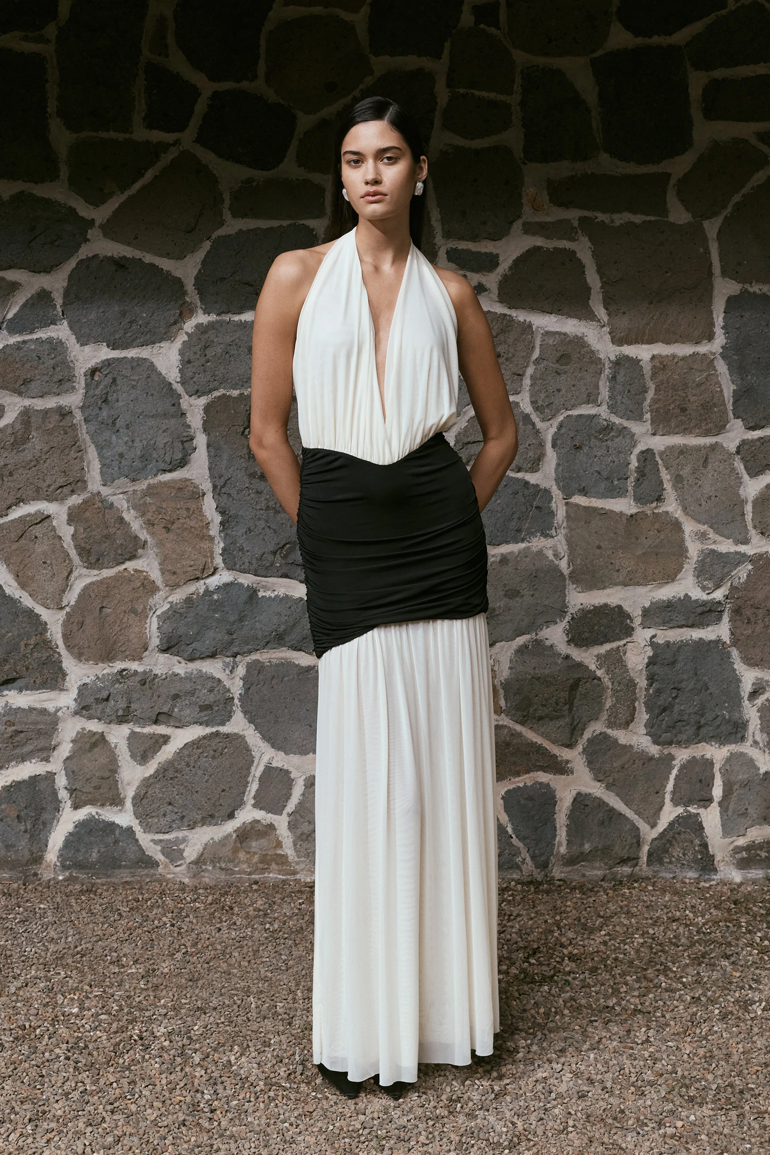 Hailee Slinky And Mesh Halter Maxi Dress - Black/White sold by Meshki