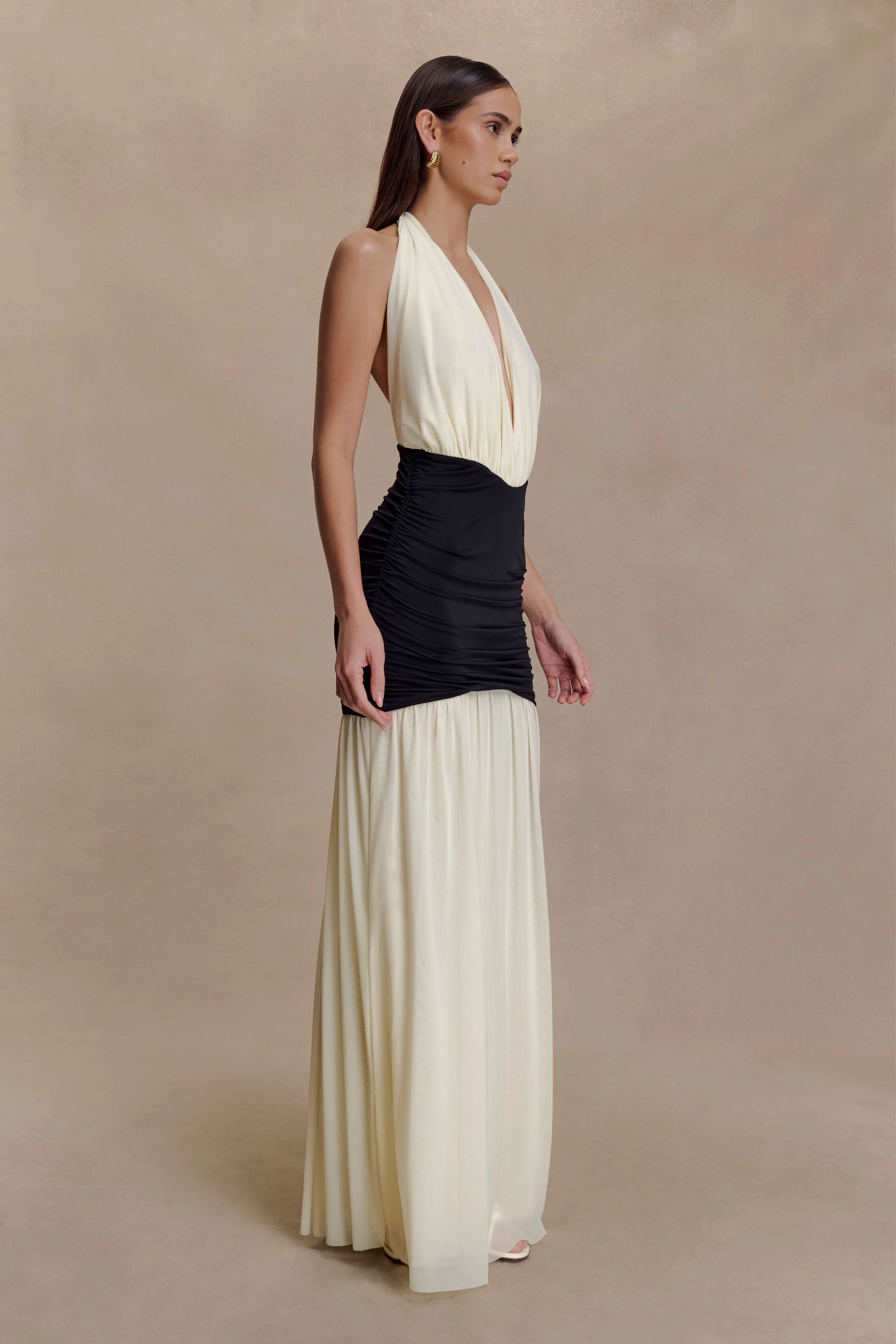 Hailee Slinky And Mesh Halter Maxi Dress - Black/White sold by Meshki product image thumbnail 4