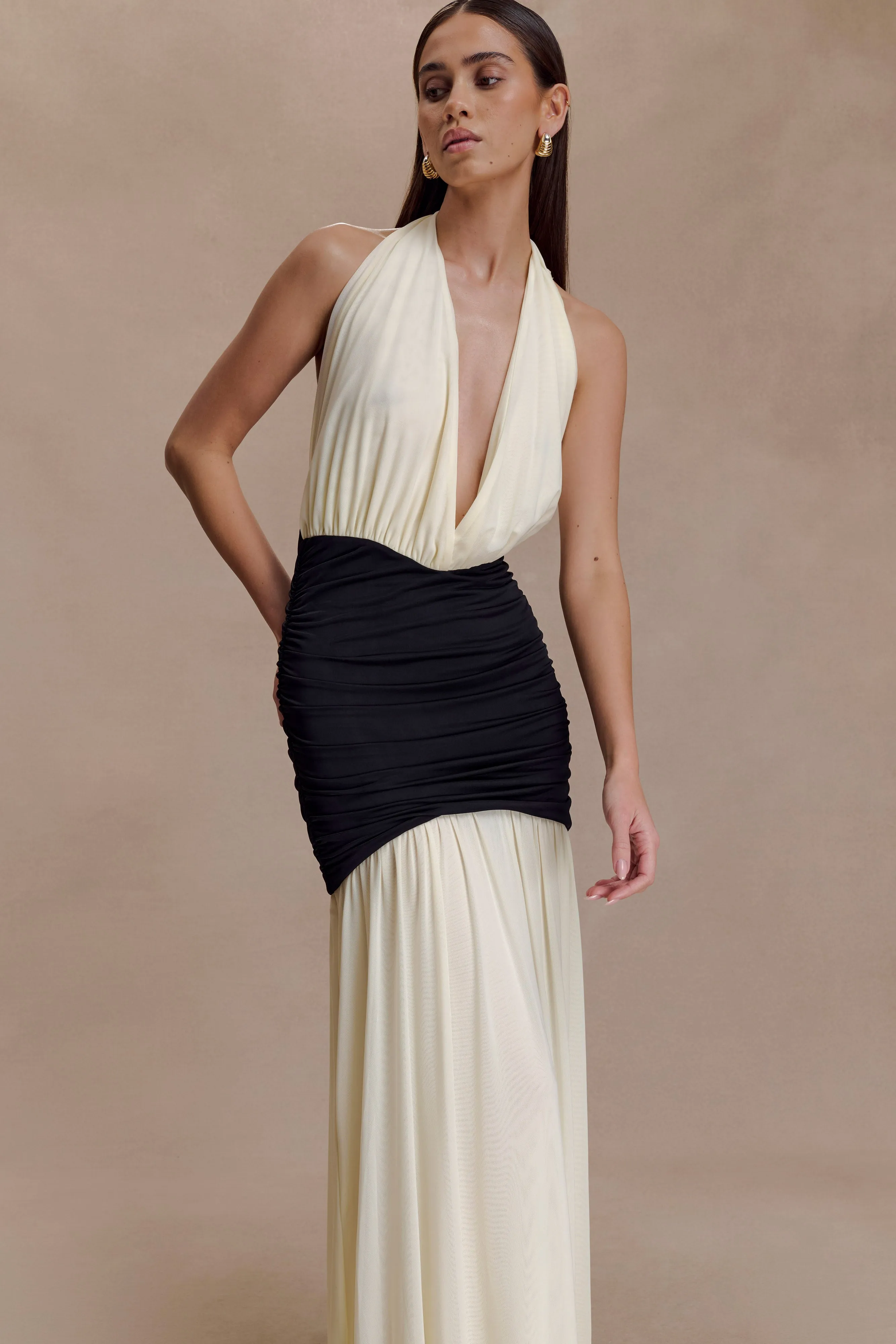 Hailee Slinky And Mesh Halter Maxi Dress - Black/White sold by Meshki product image thumbnail 5