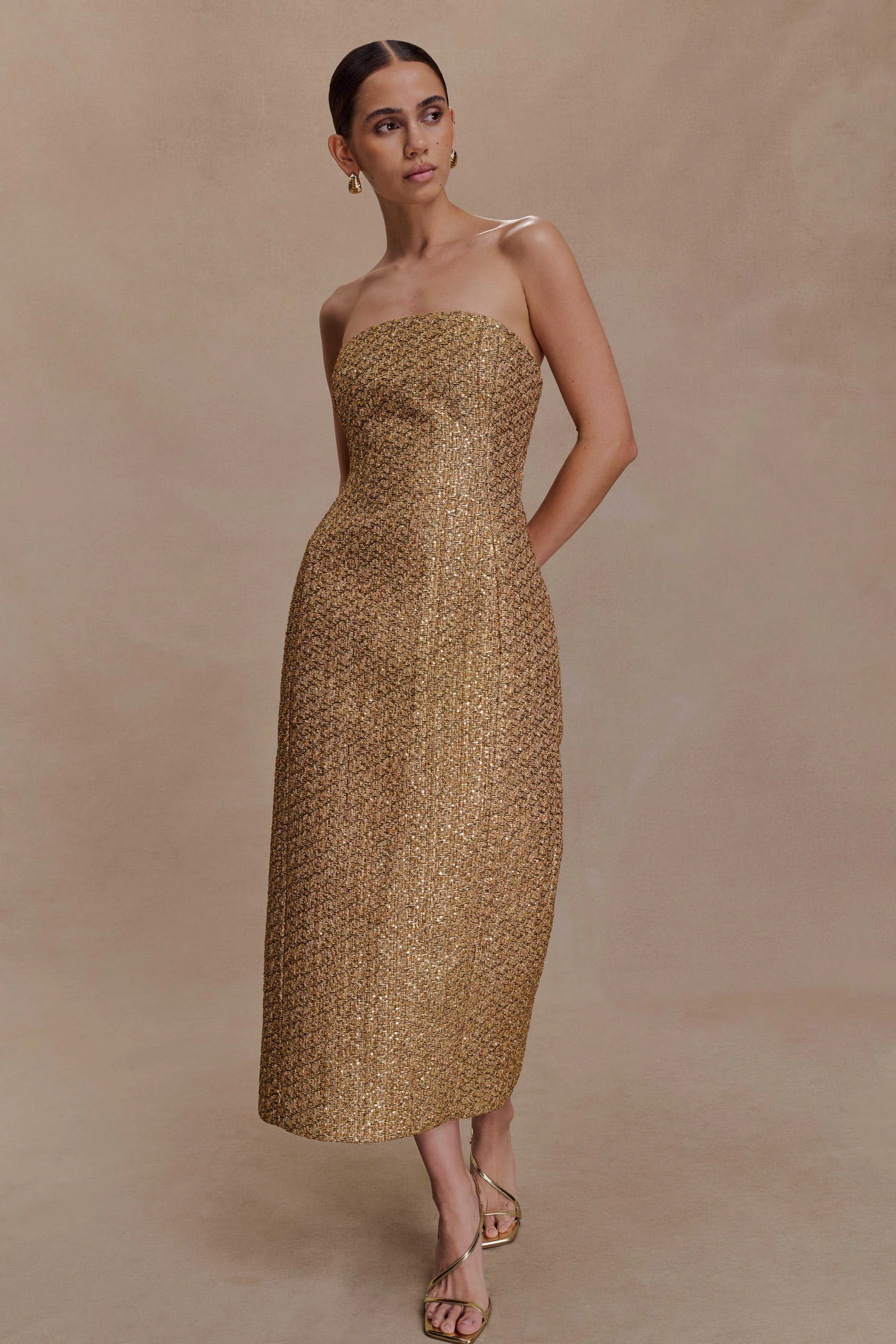Gala Strapless Tweed Midi Dress - Gold sold by Meshki product image thumbnail 2