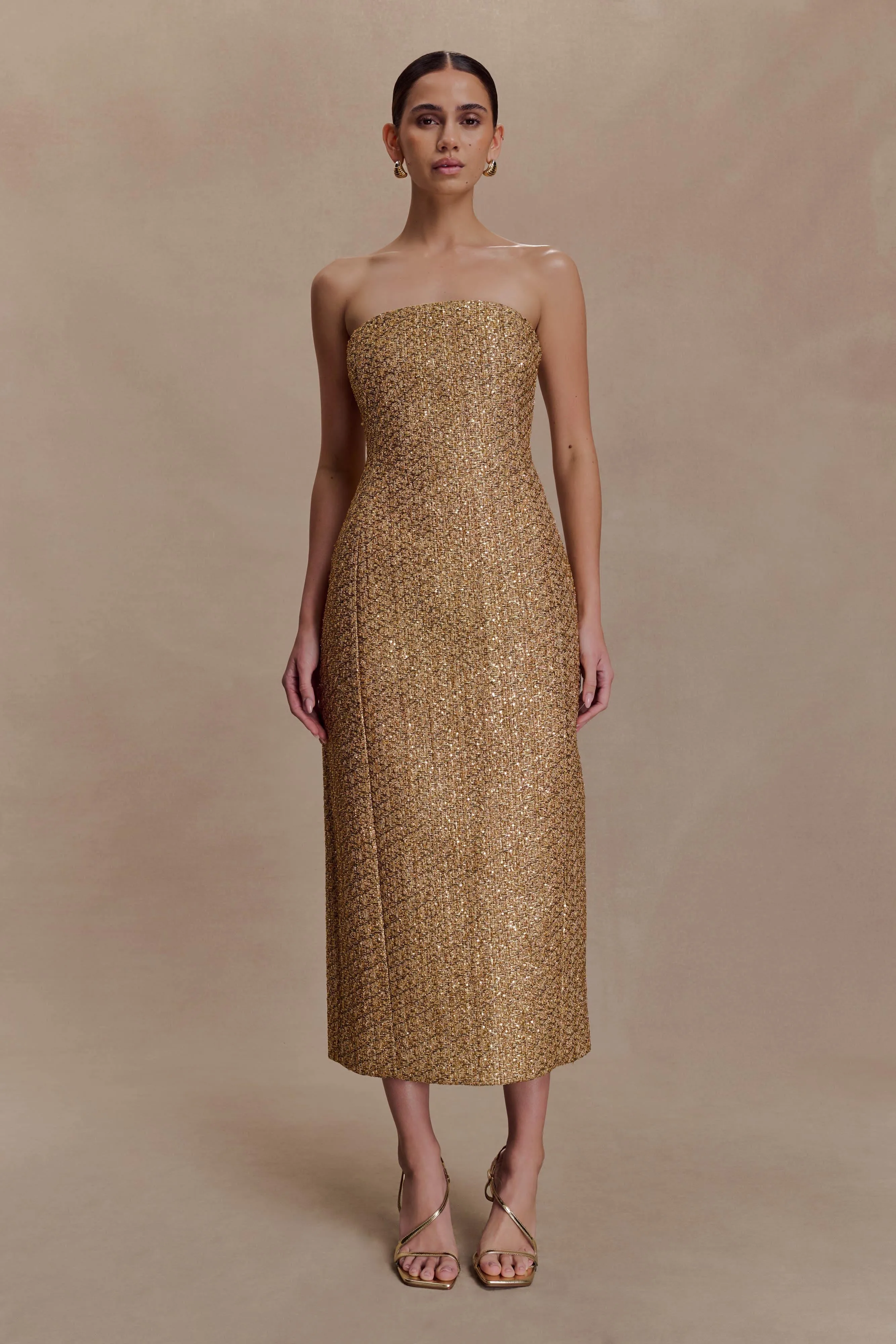 Gala Strapless Tweed Midi Dress - Gold sold by Meshki