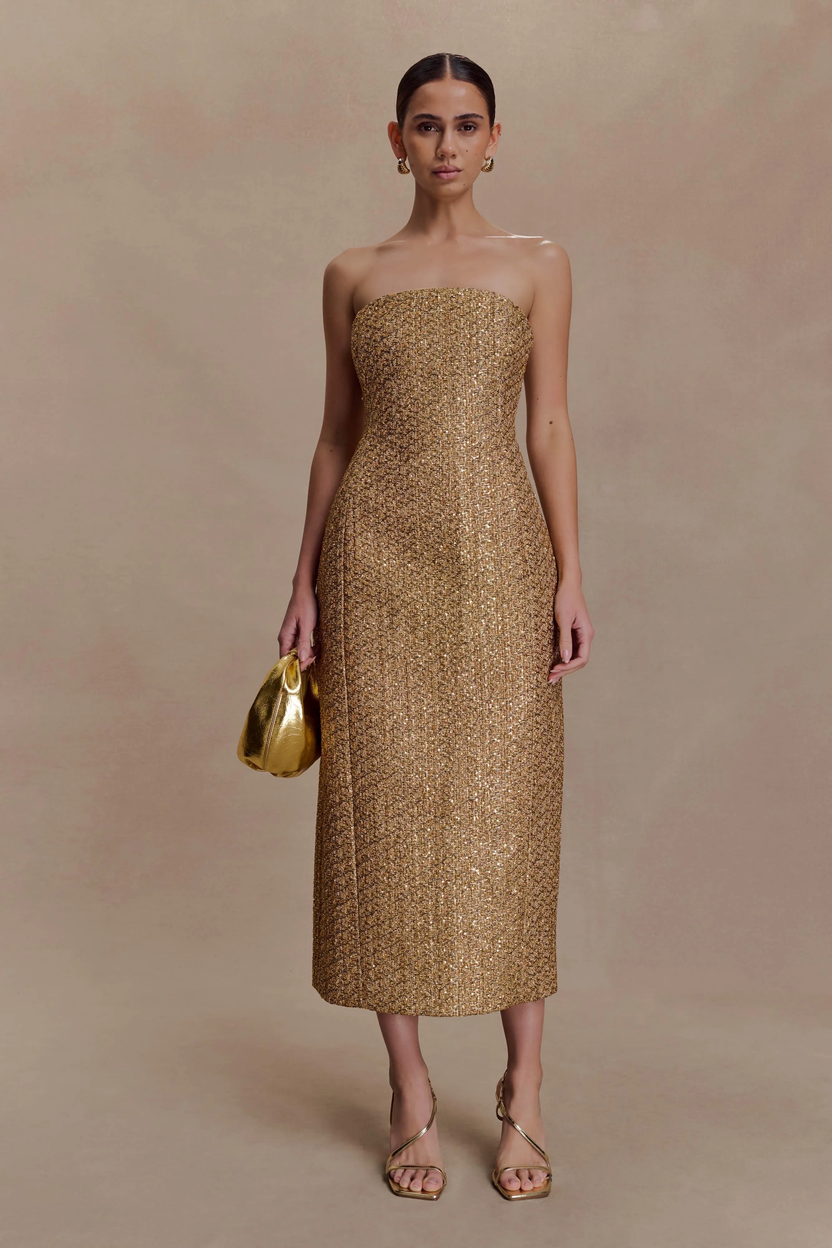 Gala Strapless Tweed Midi Dress - Gold sold by Meshki product image thumbnail 3