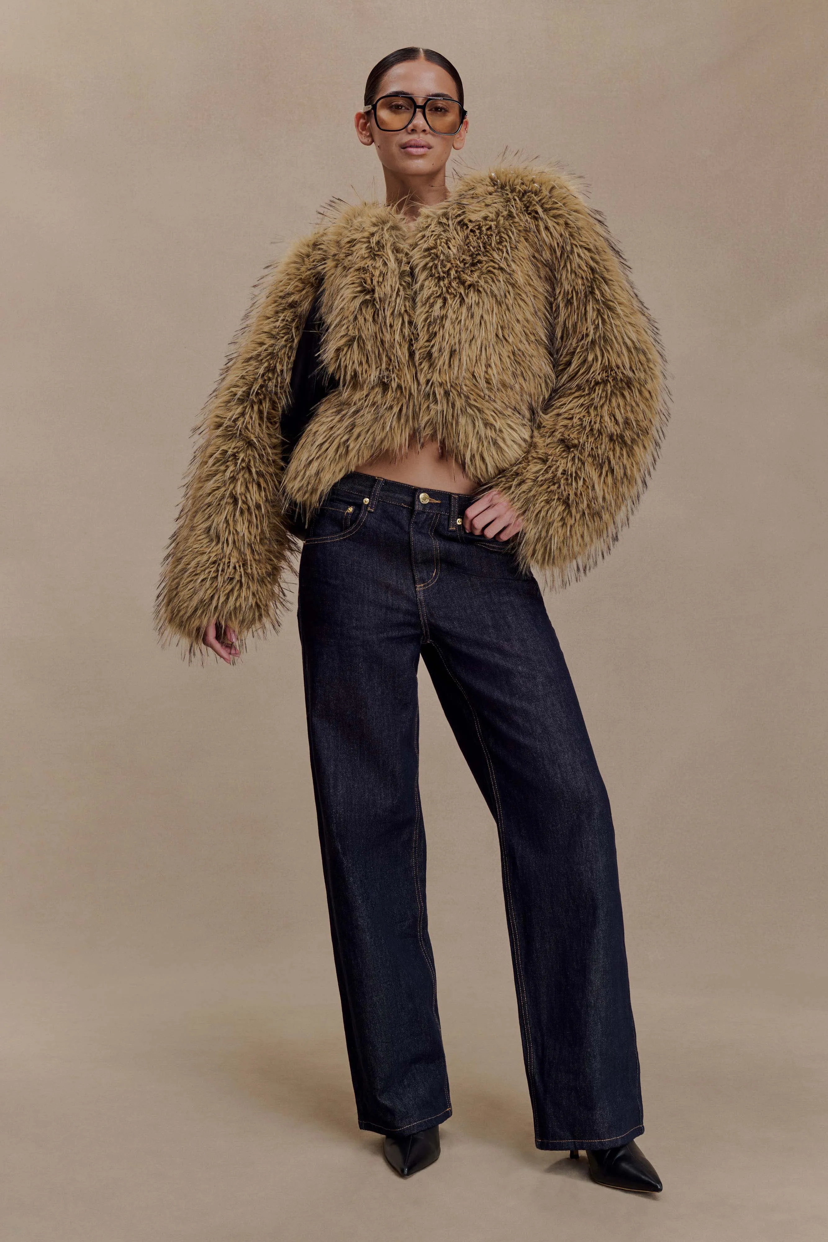 Ottie Mongolian Faux Fur Cropped Jacket - Brown Multi sold by Meshki product image thumbnail 2