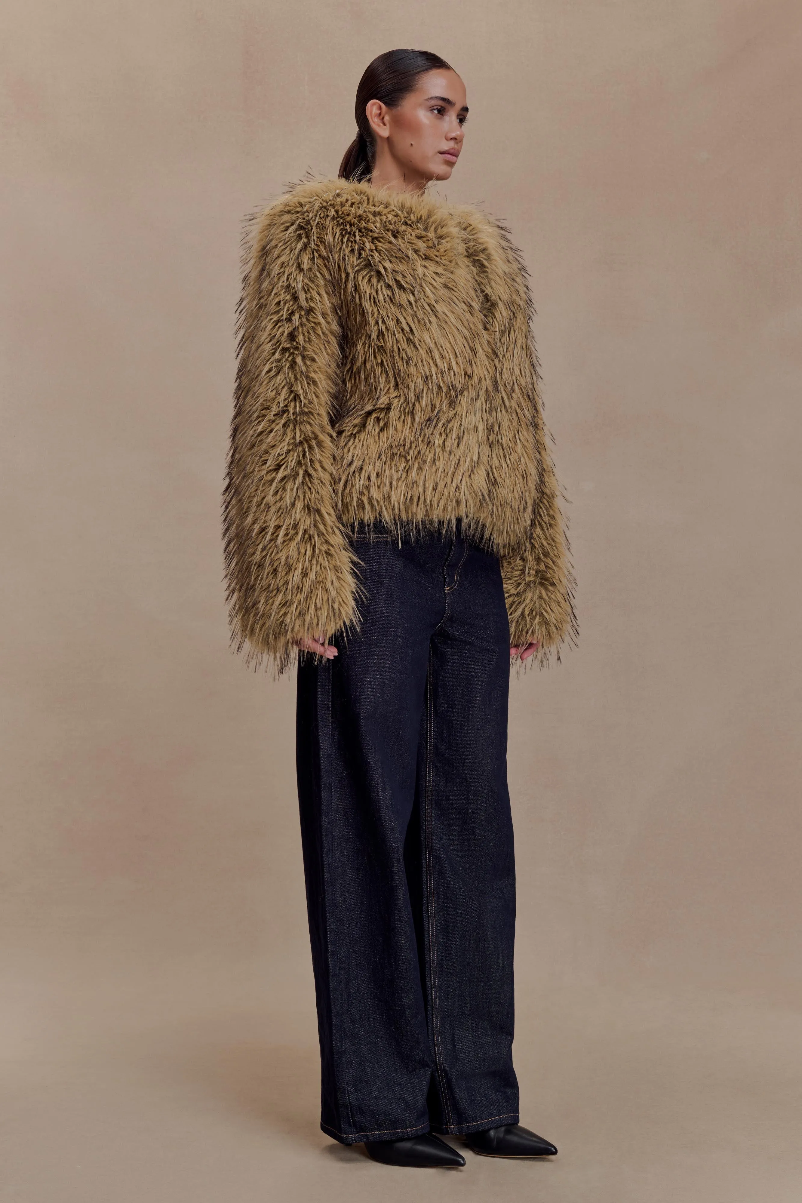 Ottie Mongolian Faux Fur Cropped Jacket - Brown Multi sold by Meshki product image thumbnail 5