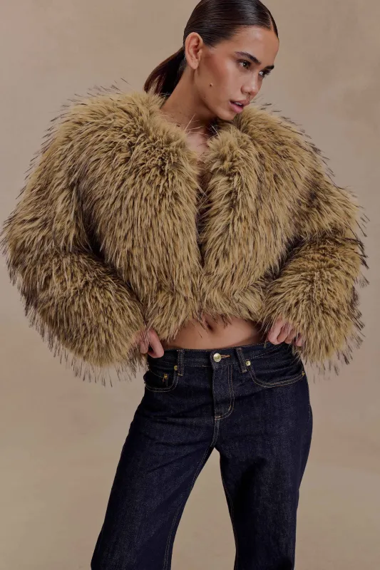 Ottie Mongolian Faux Fur Cropped Jacket - Brown Multi sold by Meshki