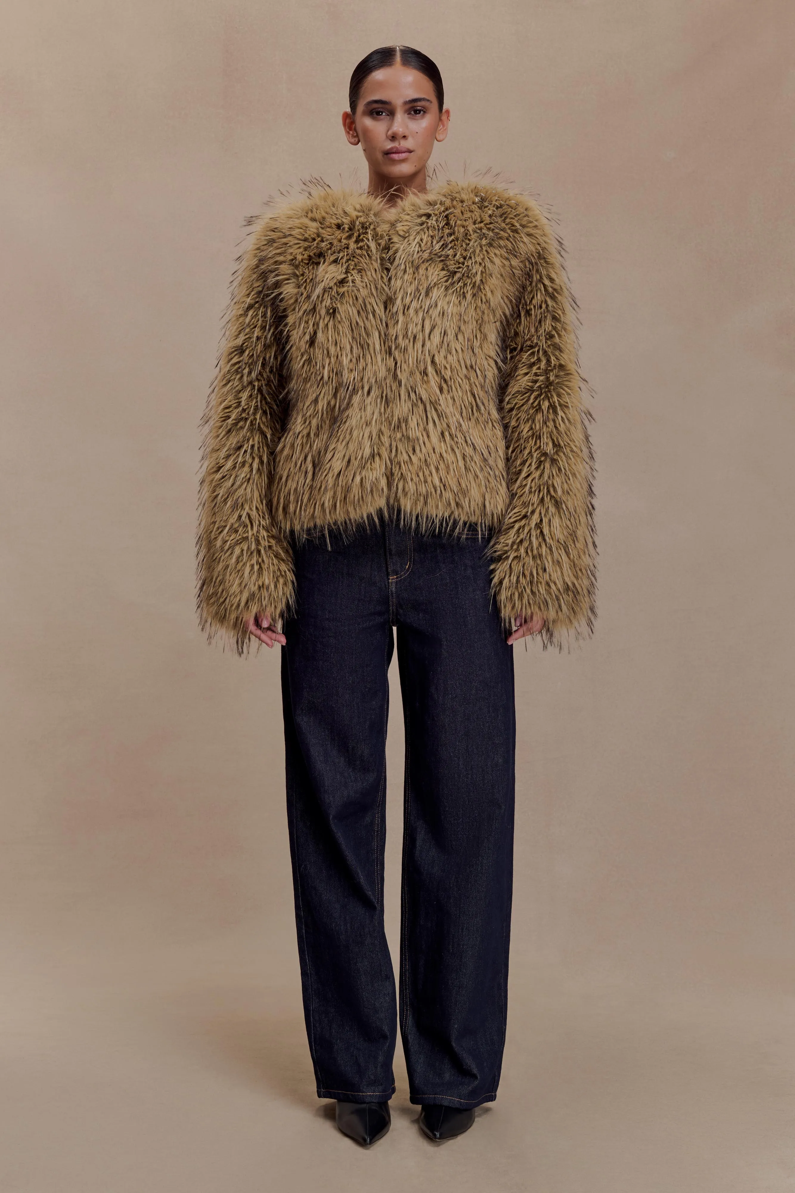 Ottie Mongolian Faux Fur Cropped Jacket - Brown Multi sold by Meshki product image thumbnail 4