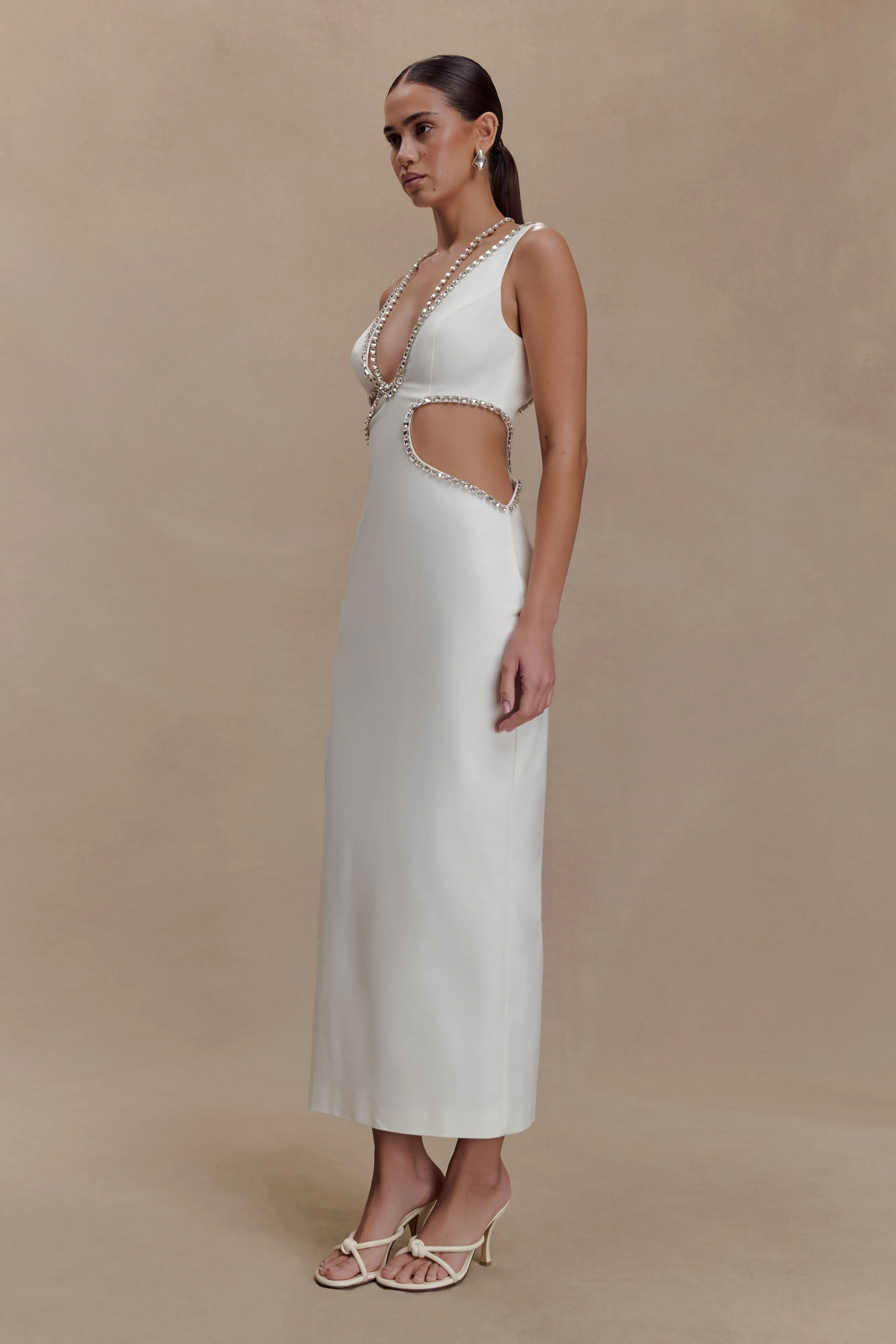 Henny Diamante Trim Cut Out Midi Dress - White sold by Meshki product image thumbnail 3