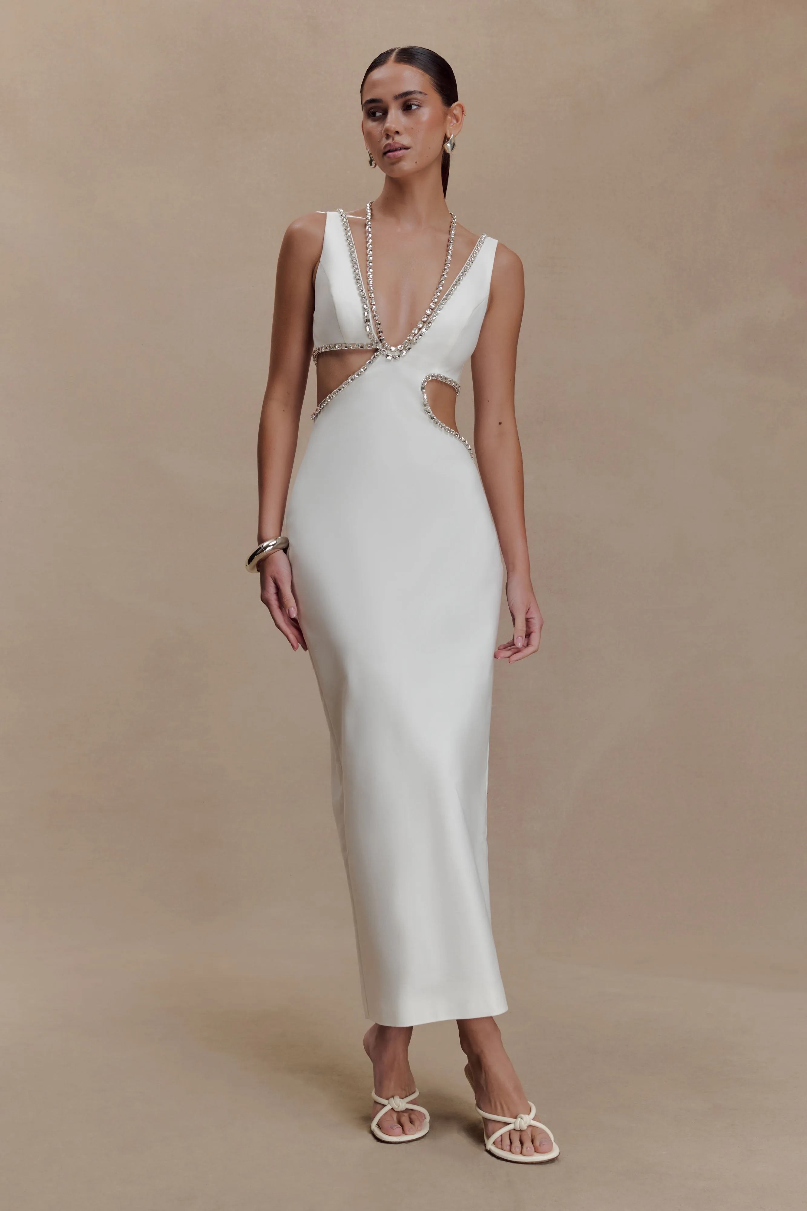 Henny Diamante Trim Cut Out Midi Dress - White sold by Meshki product image thumbnail 4