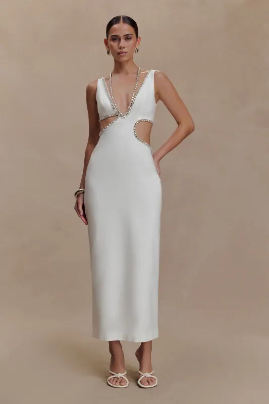 Henny Diamante Trim Cut Out Midi Dress - White sold by Meshki