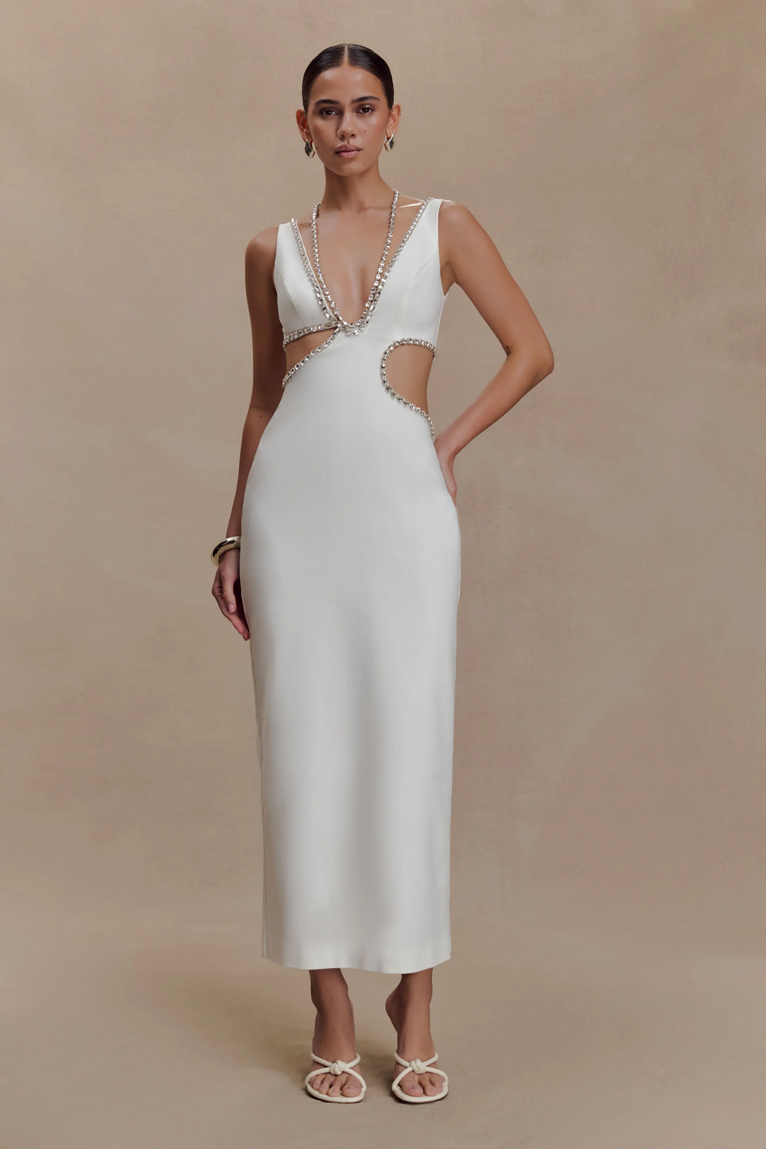 Henny Diamante Trim Cut Out Midi Dress - White sold by Meshki