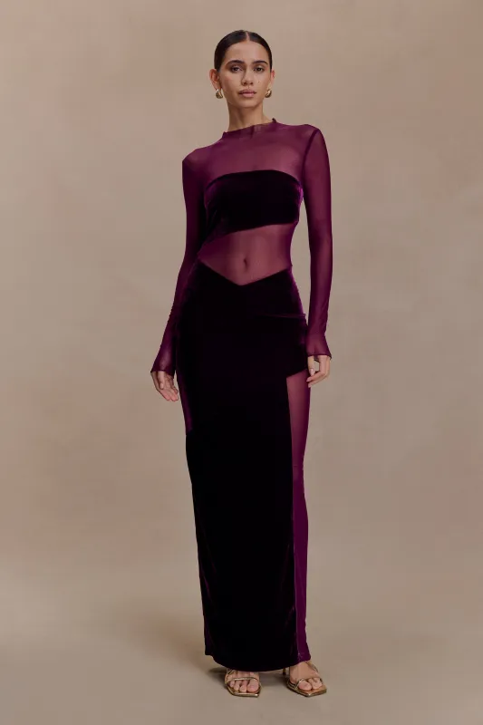 Davina Velvet And Mesh Maxi Dress - Purple sold by Meshki
