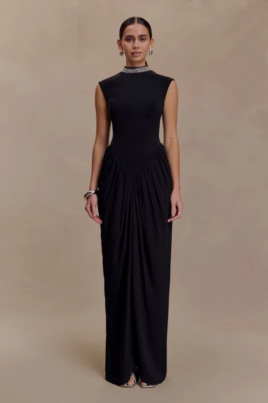 Elisa Diamante Neck Maxi Dress - Black sold by Meshki