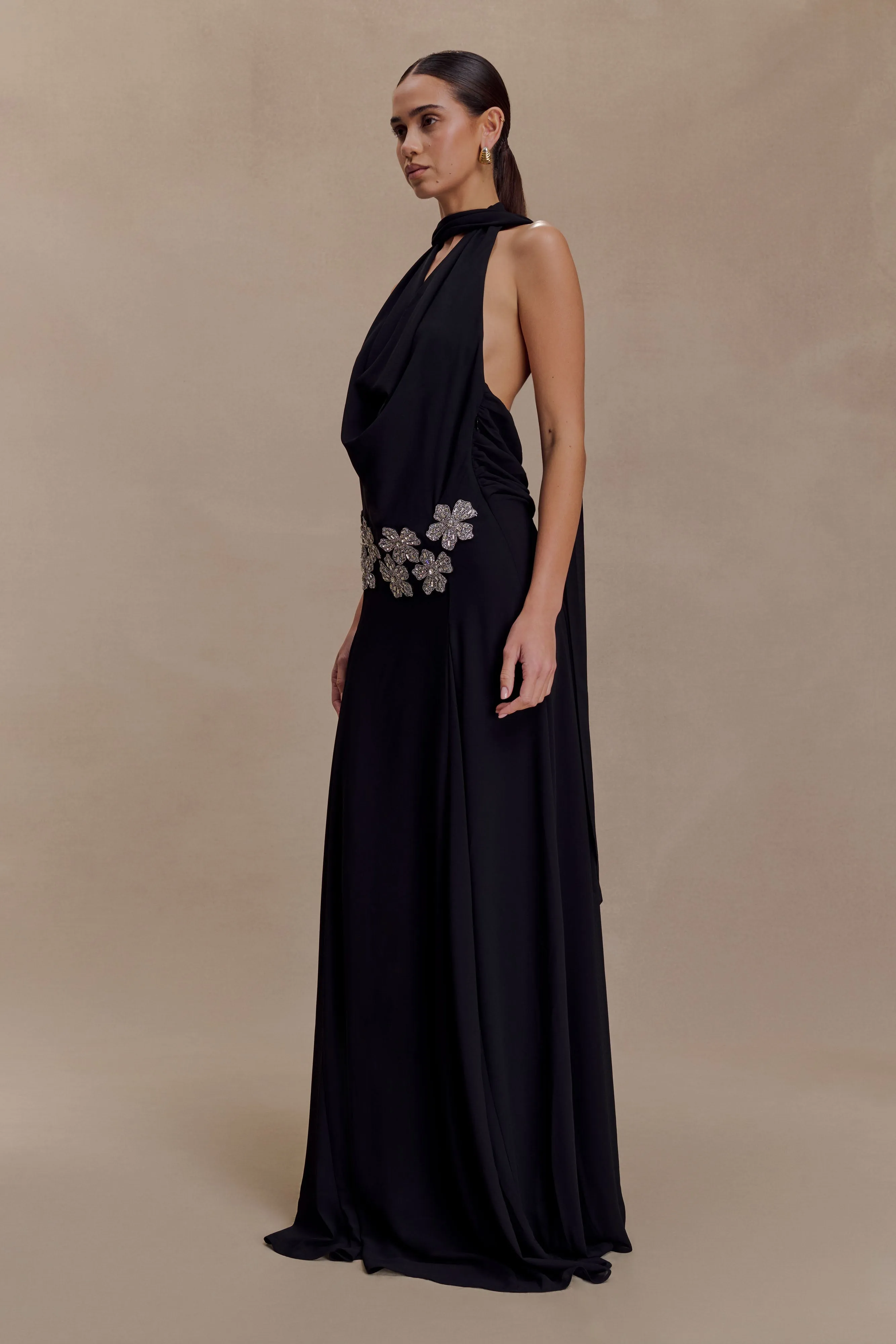 Santal Floral Chiffon Halter Maxi Dress - Black sold by Meshki product image thumbnail 4