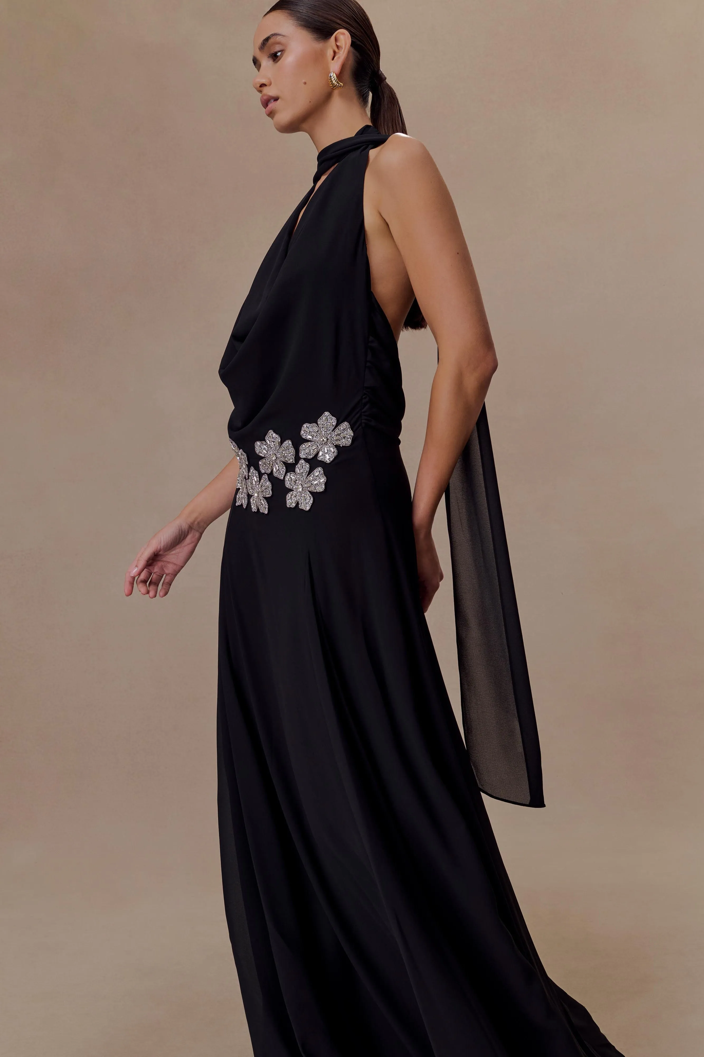 Santal Floral Chiffon Halter Maxi Dress - Black sold by Meshki product image thumbnail 3