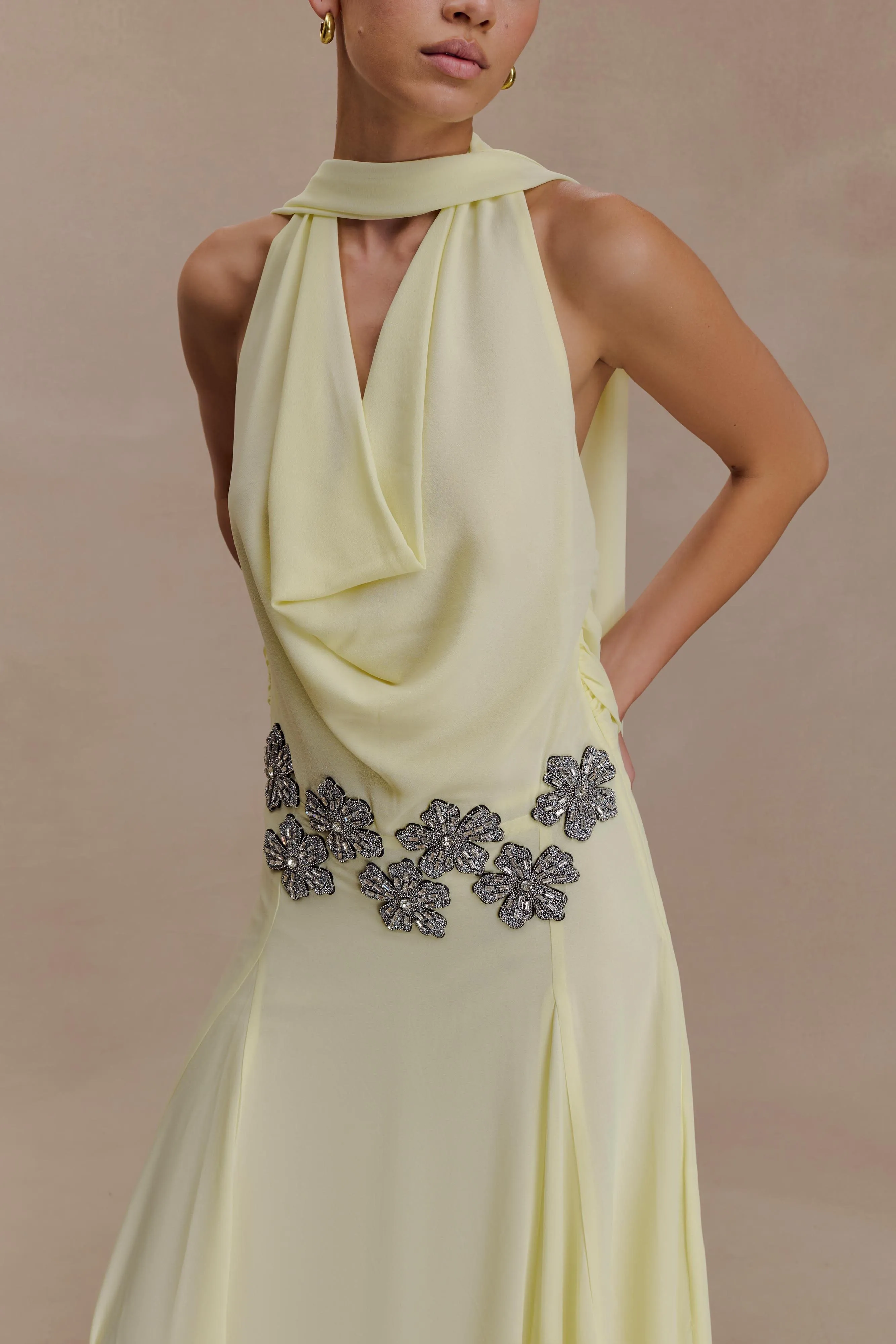 Santal Floral Chiffon Halter Maxi Dress - Lemon sold by Meshki product image thumbnail 3
