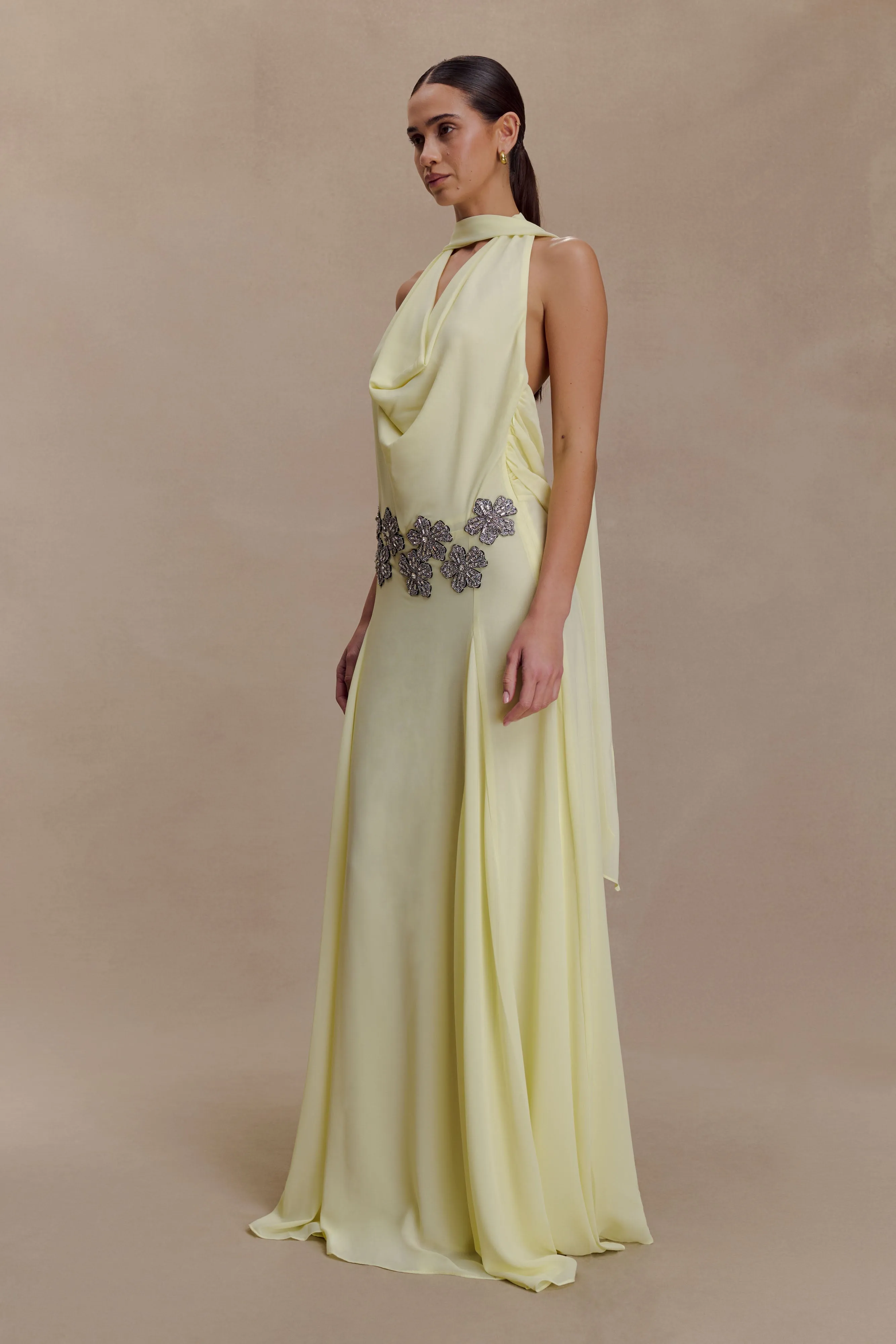 Santal Floral Chiffon Halter Maxi Dress - Lemon sold by Meshki product image thumbnail 4