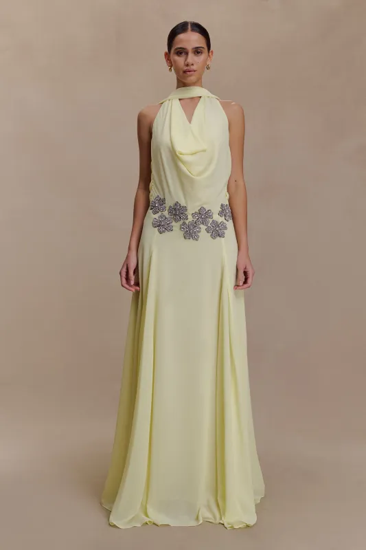 Santal Floral Chiffon Halter Maxi Dress - Lemon sold by Meshki