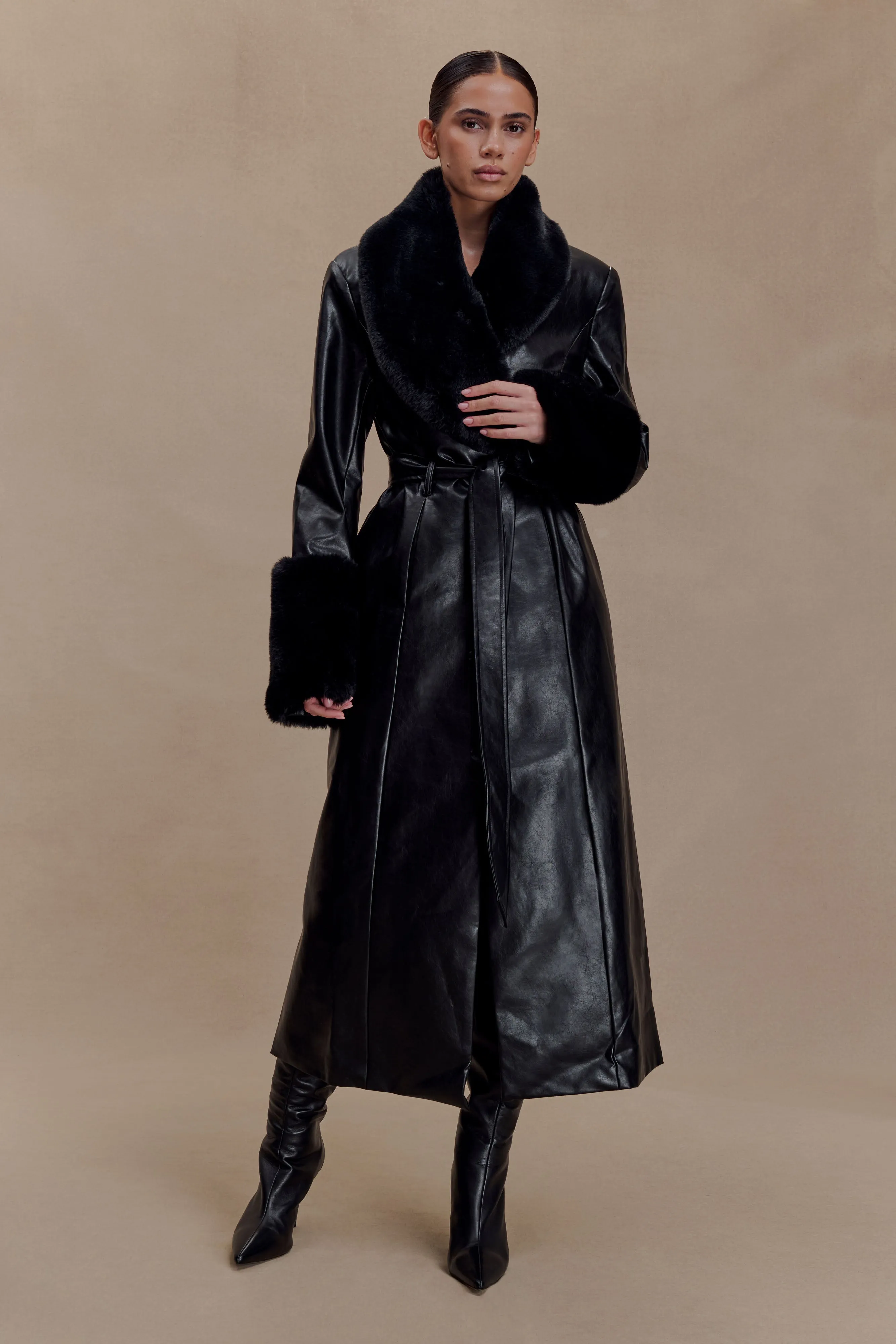 Bec Faux Leather Trench Coat With Faux Fur - Black sold by Meshki product image thumbnail 5