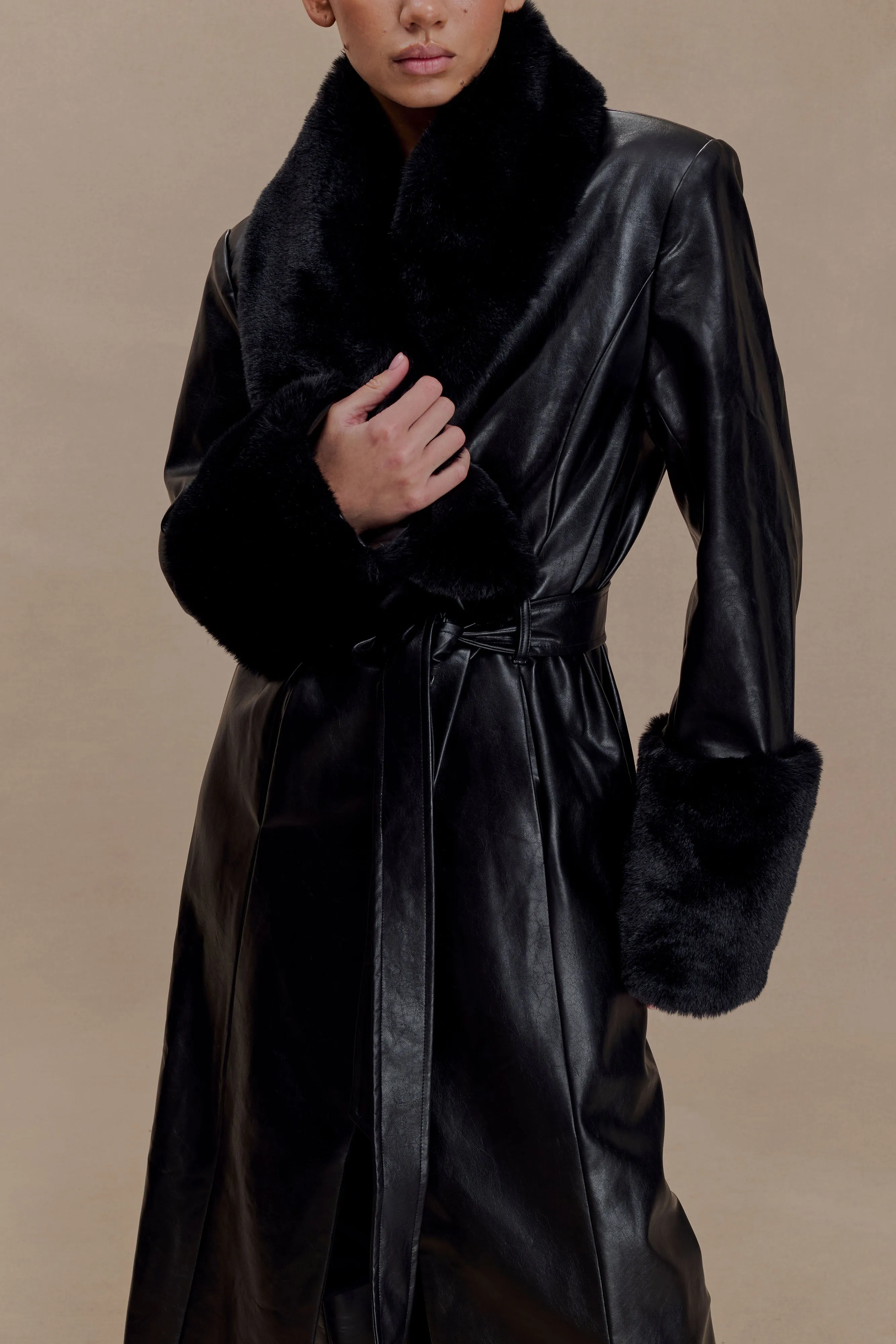 Bec Faux Leather Trench Coat With Faux Fur - Black sold by Meshki product image thumbnail 3