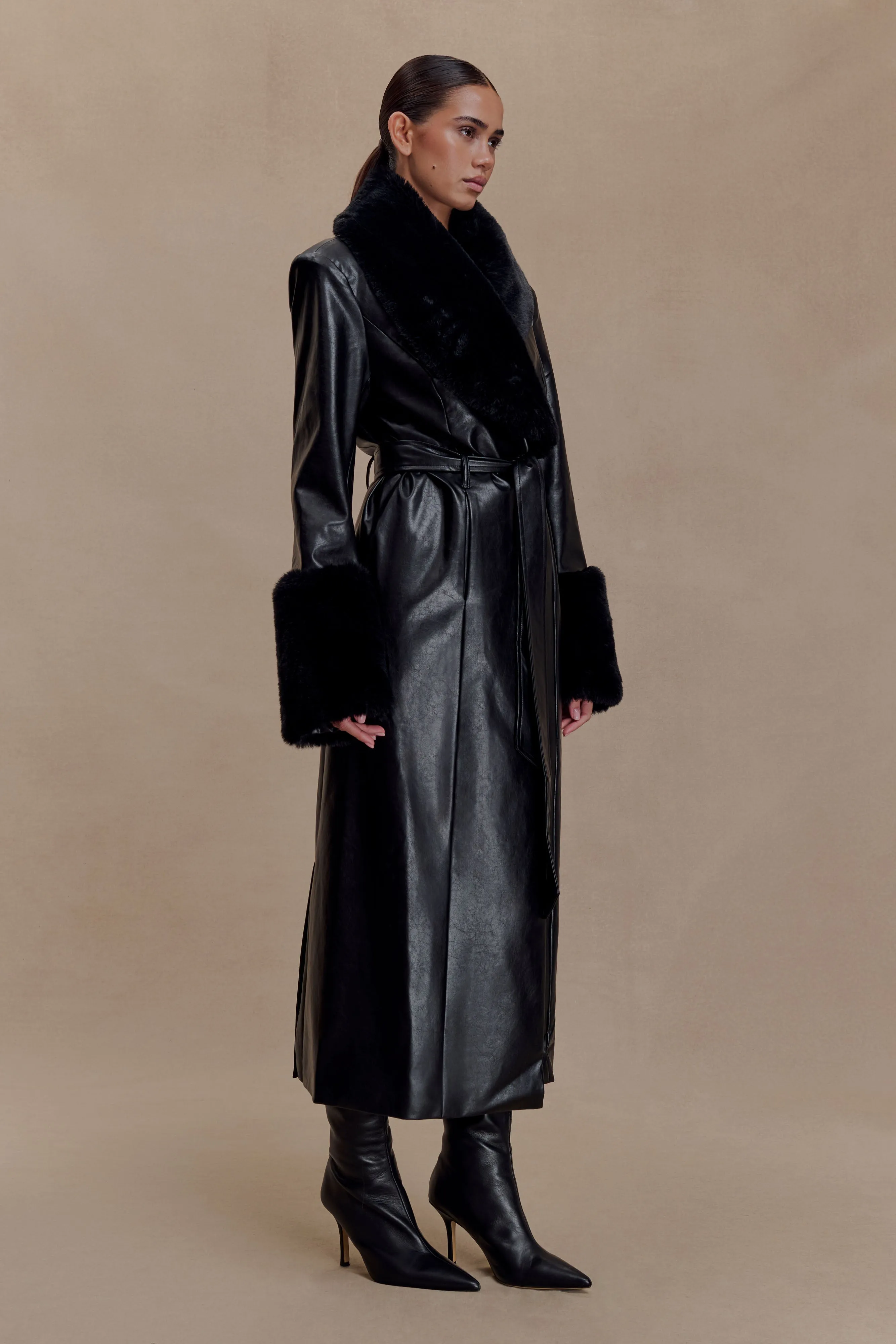 Bec Faux Leather Trench Coat With Faux Fur - Black sold by Meshki product image thumbnail 4