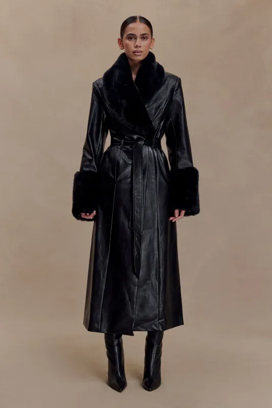 Bec Faux Leather Trench Coat With Faux Fur - Black sold by Meshki
