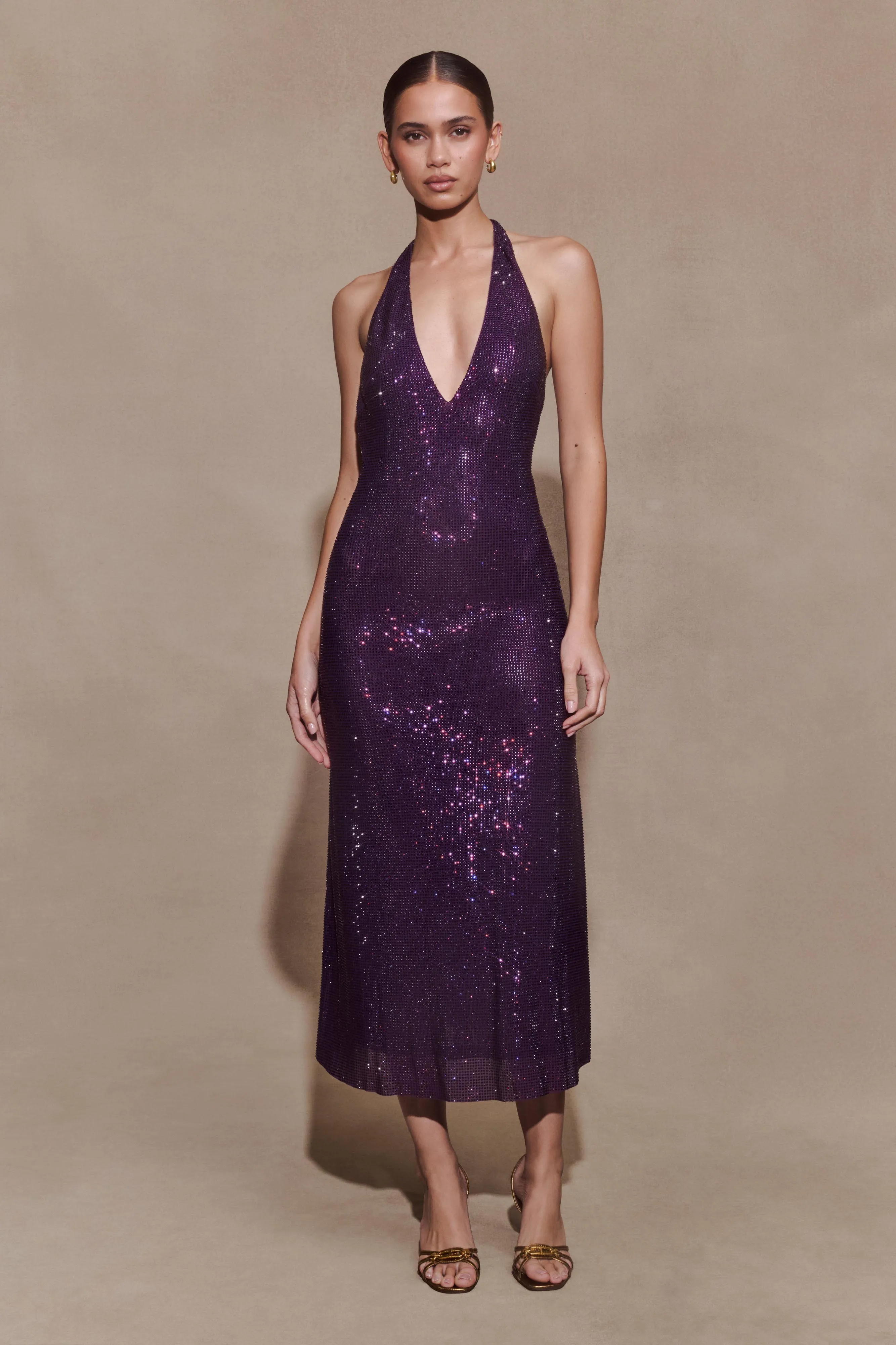 Genie Diamante Halter Midi Dress - Purple sold by Meshki