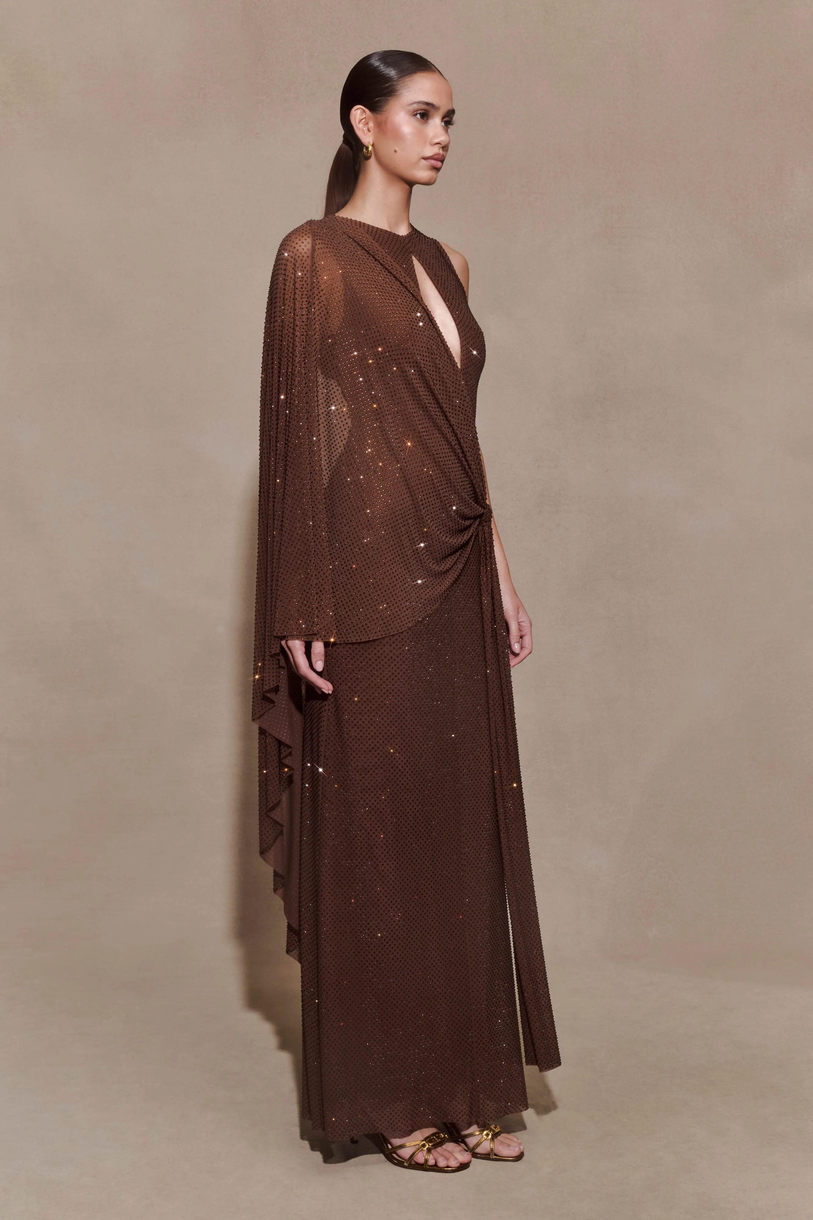 Bakari Diamante Cape Maxi Dress - Chocolate sold by Meshki product image thumbnail 4