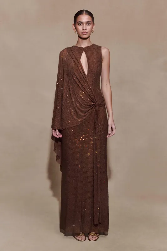 Bakari Diamante Cape Maxi Dress - Chocolate sold by Meshki