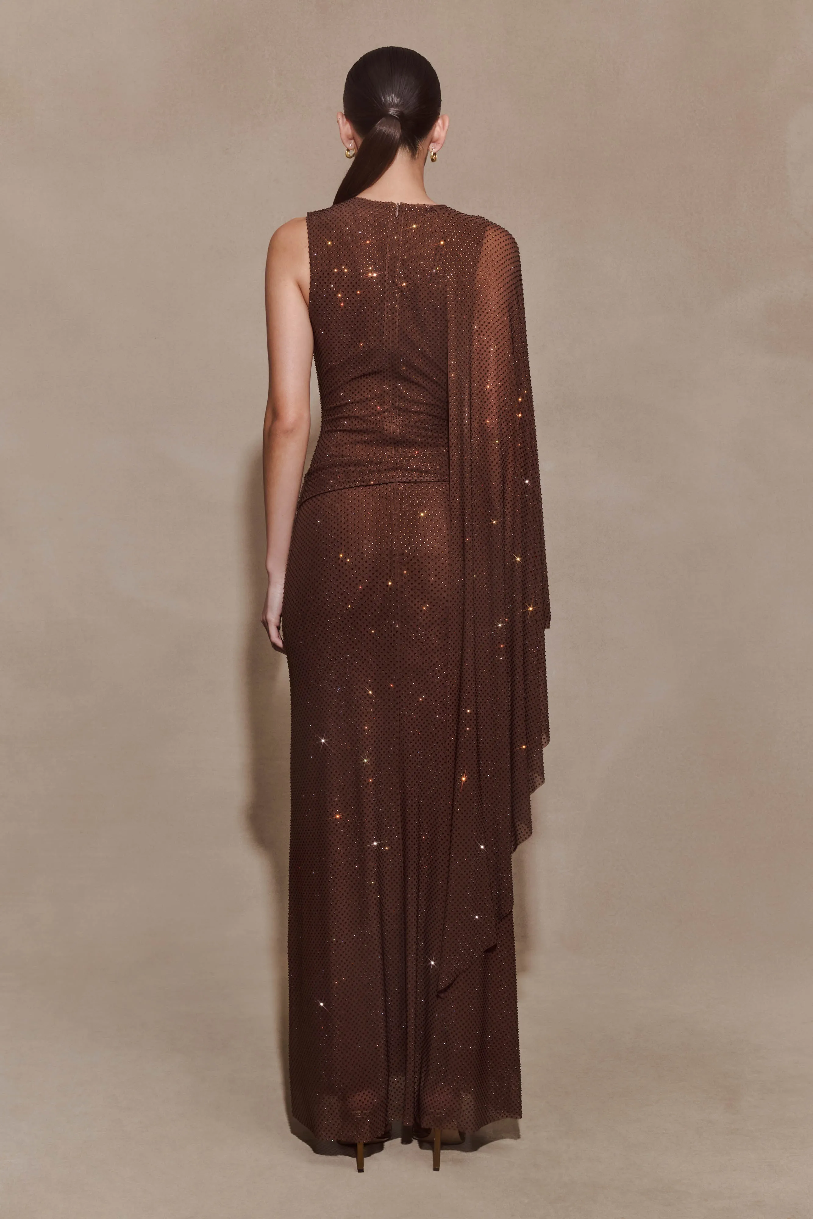 Bakari Diamante Cape Maxi Dress - Chocolate sold by Meshki product image thumbnail 2