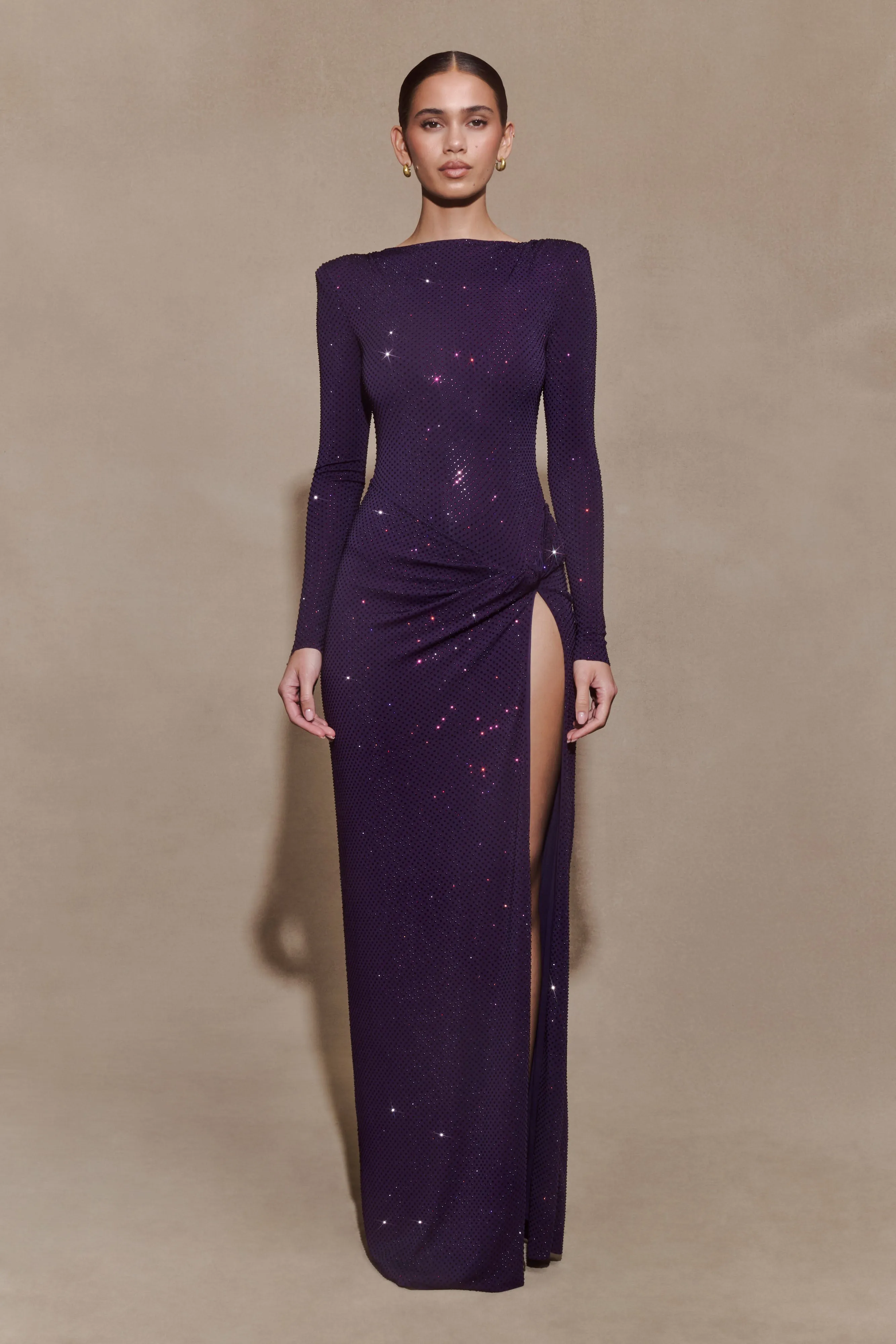 Deanna Long Sleeve Diamante Maxi Dress - Purple sold by Meshki