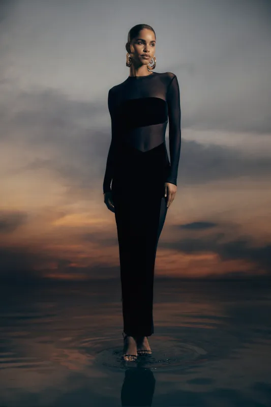 Davina Velvet And Mesh Maxi Dress - Black sold by Meshki