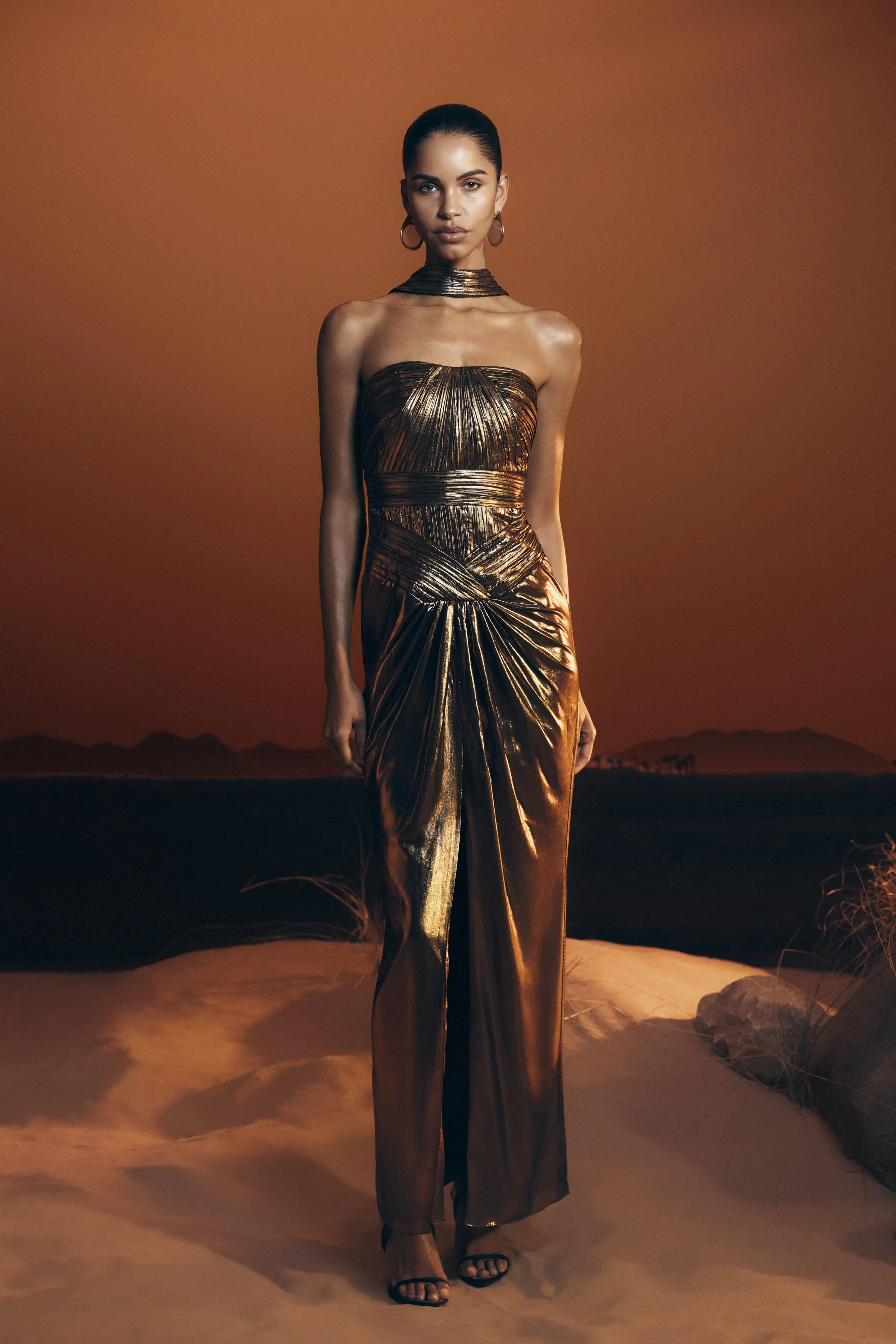 Clemence Plisse Maxi Dress - Gold sold by Meshki