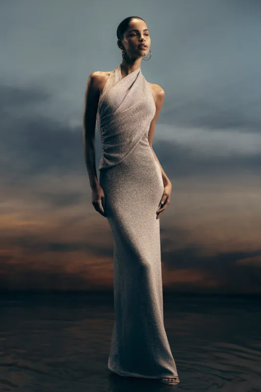 Elma Lurex Knit Halter Maxi Dress - Silver sold by Meshki