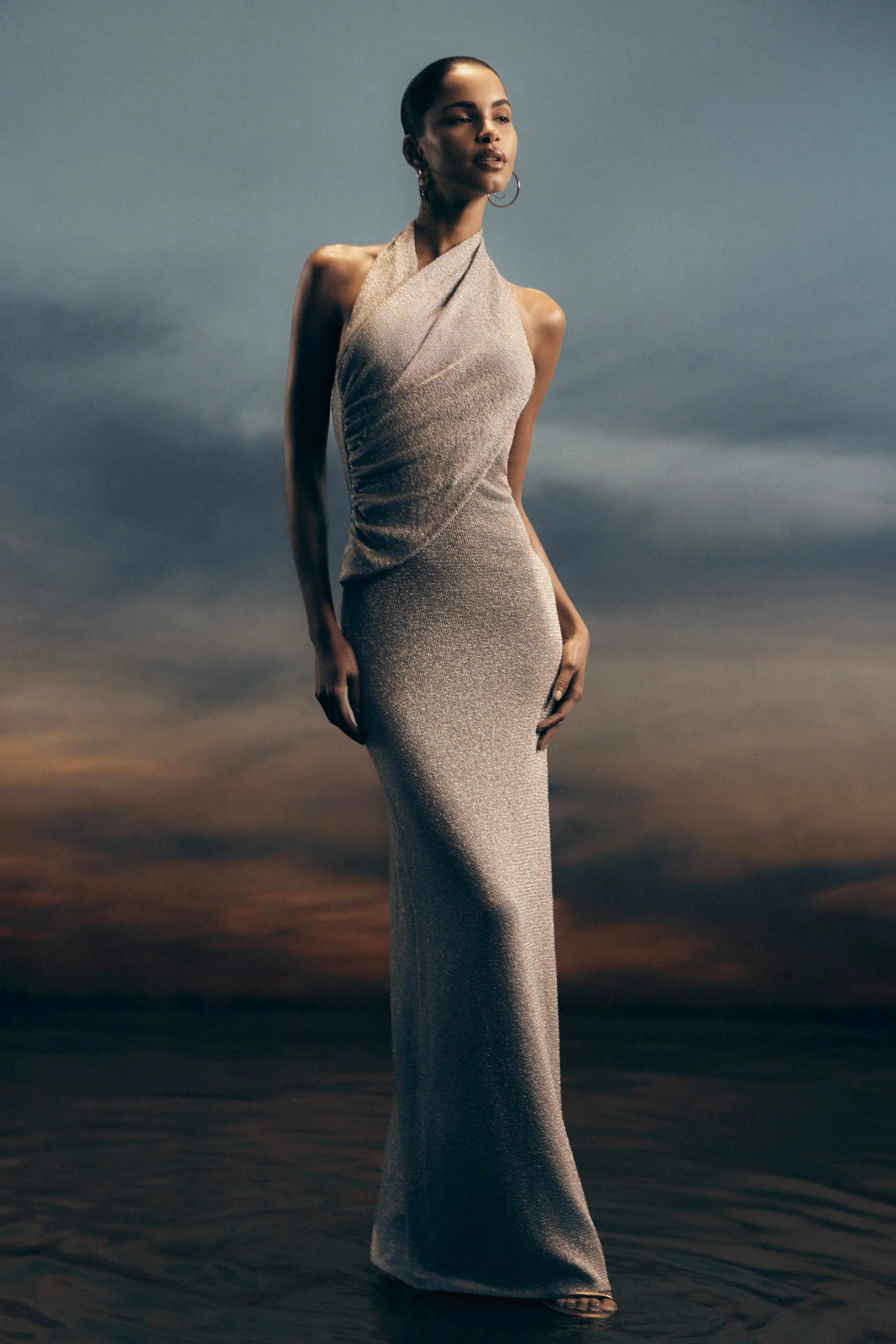 Elma Lurex Knit Halter Maxi Dress - Silver sold by Meshki