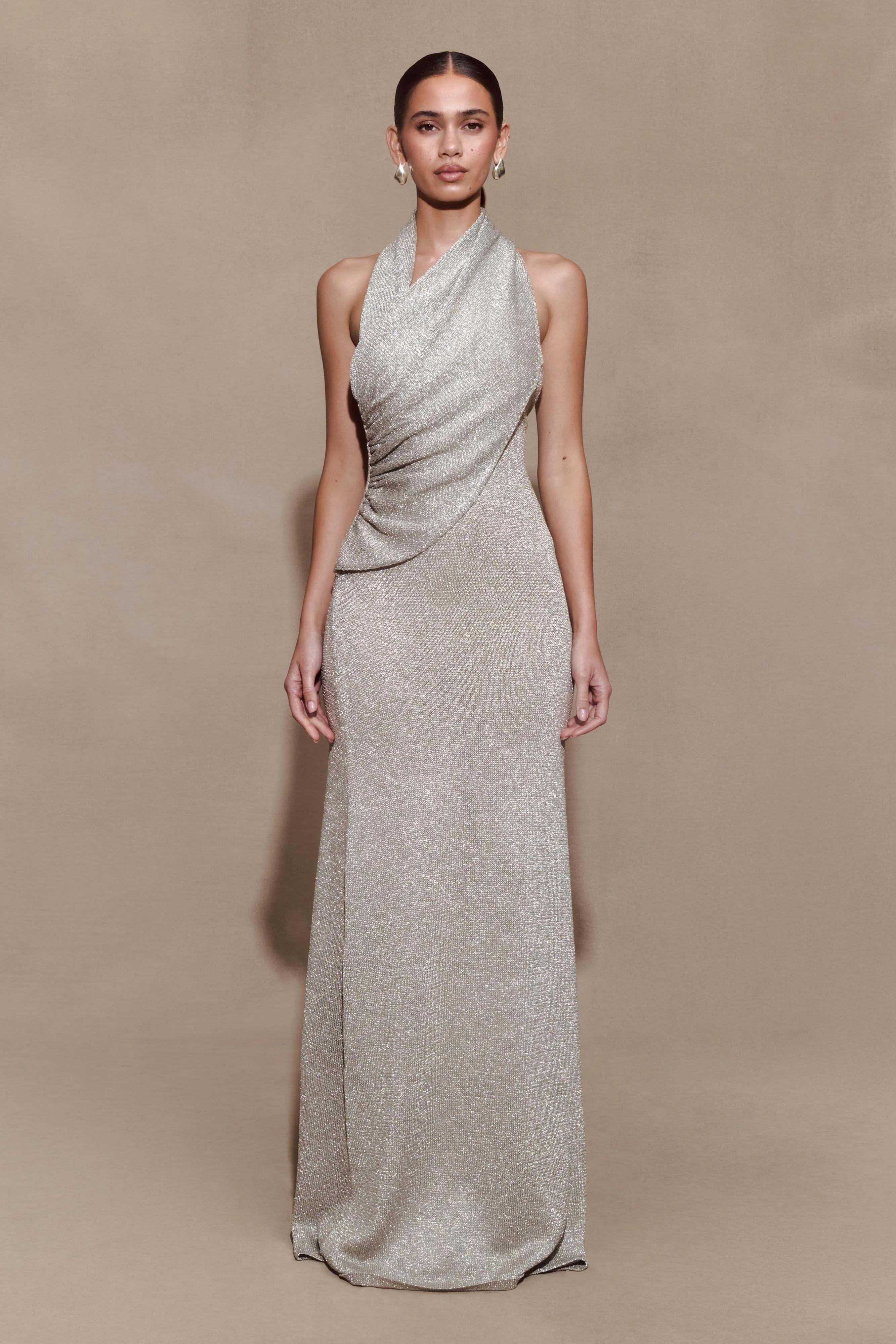 Elma Lurex Knit Halter Maxi Dress - Silver sold by Meshki product image thumbnail 3