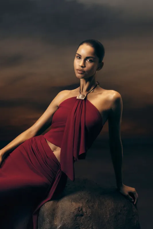 Celina Chiffon Halter Top With Hardware - Cherry Red sold by Meshki