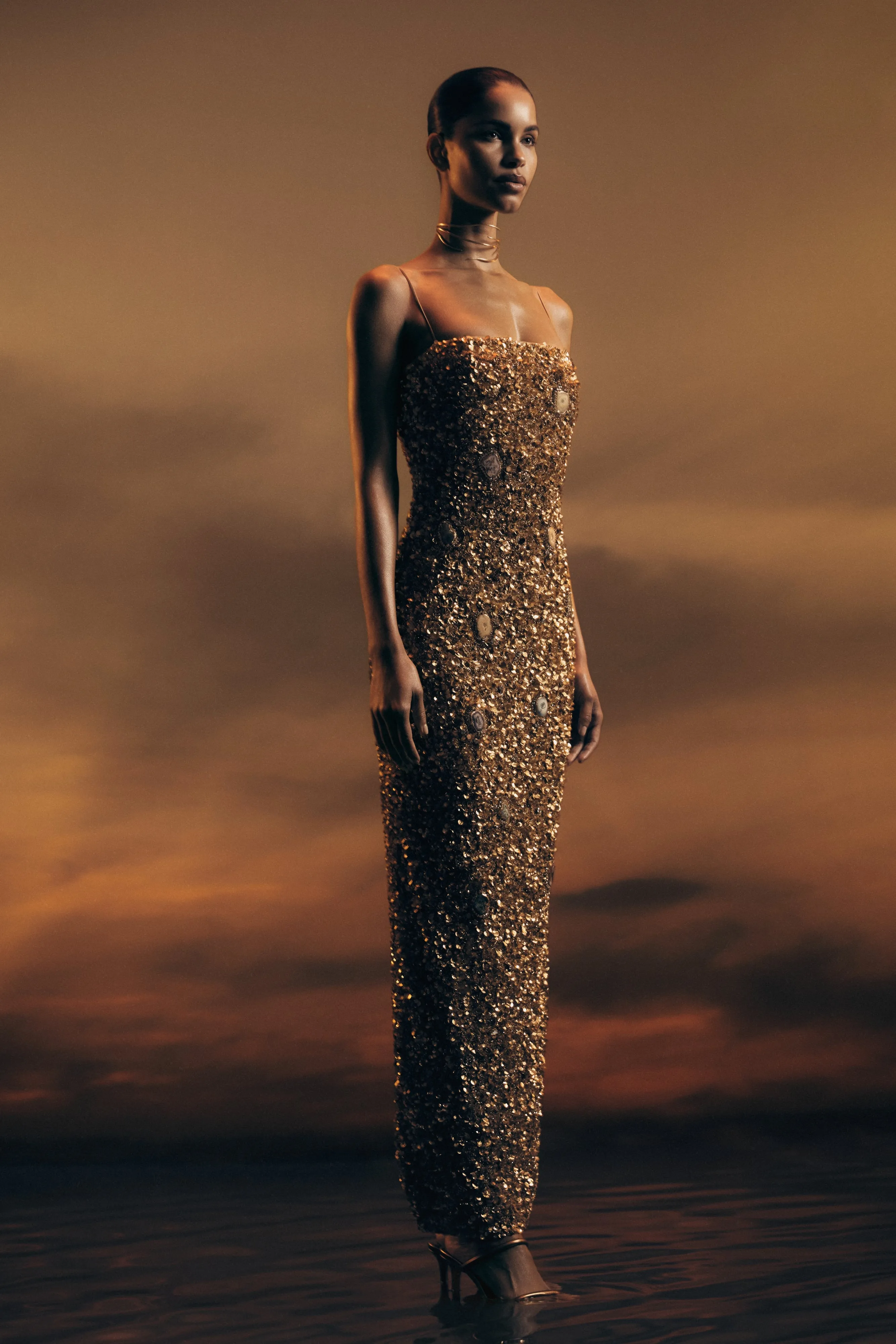 Porter Hand Beaded Midi Dress - Gold sold by Meshki