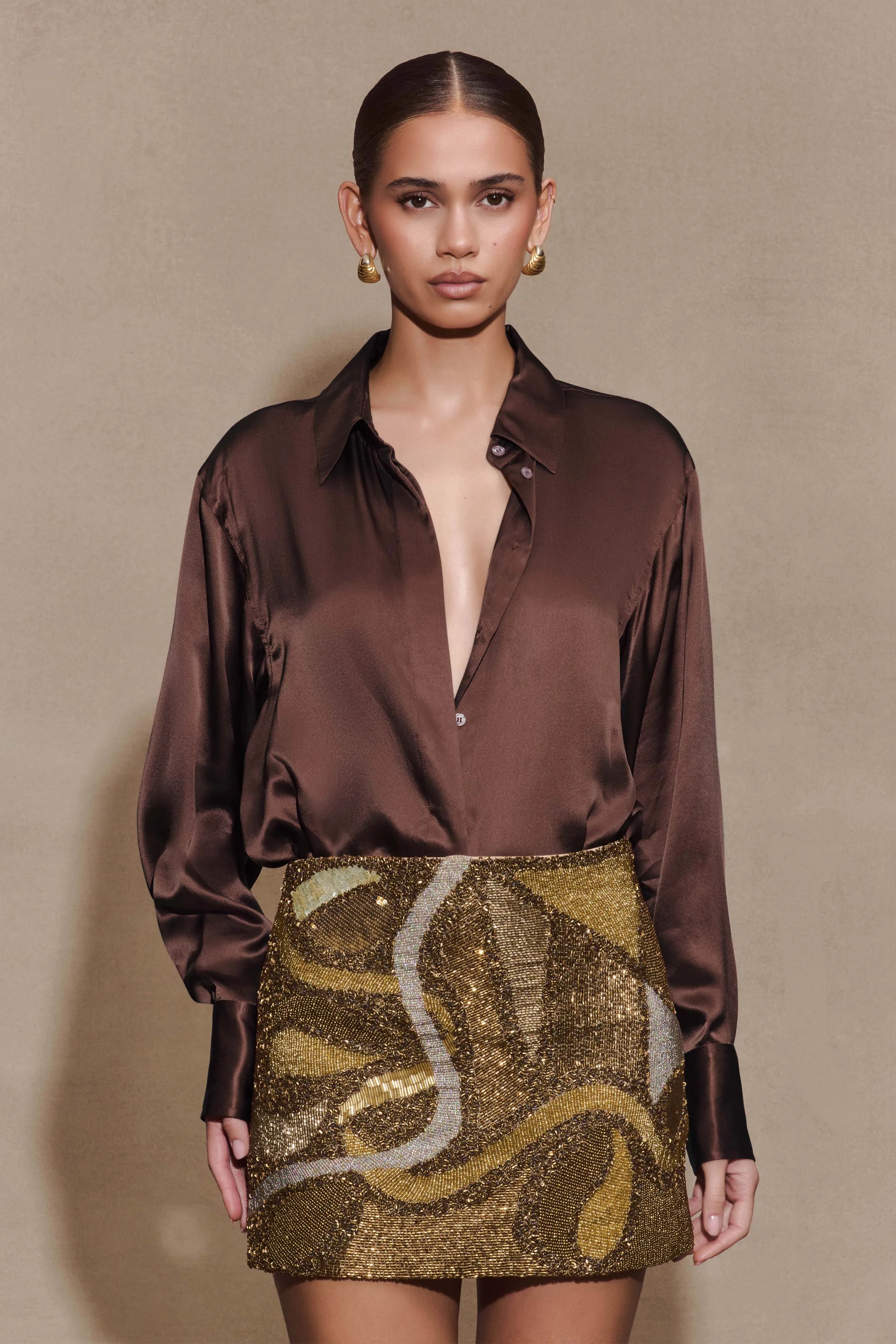 Asher Hand Beaded Abstract Mini Skirt - Gold sold by Meshki