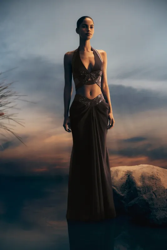 Siren Satin And Diamante Maxi Skirt - Dark Chocolate sold by Meshki