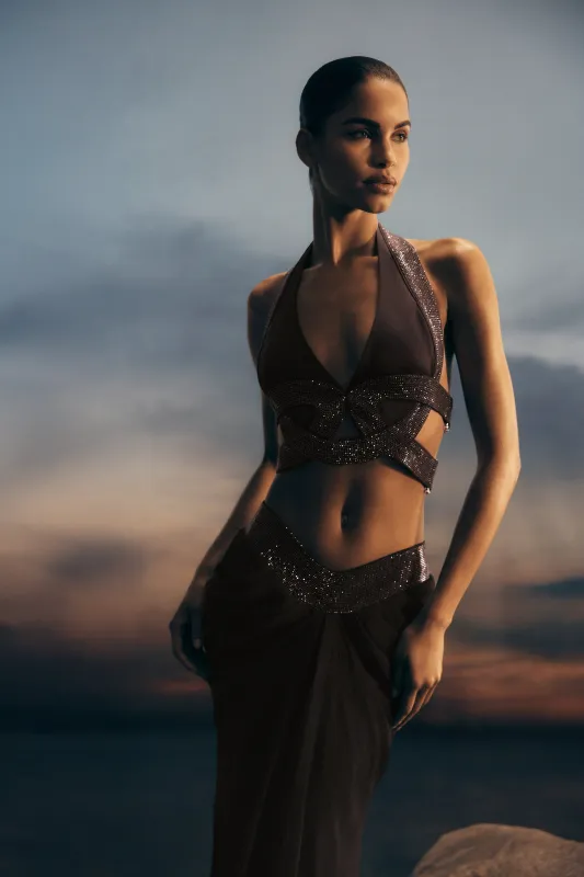 Siren Satin And Diamante Halter Top - Dark Chocolate sold by Meshki