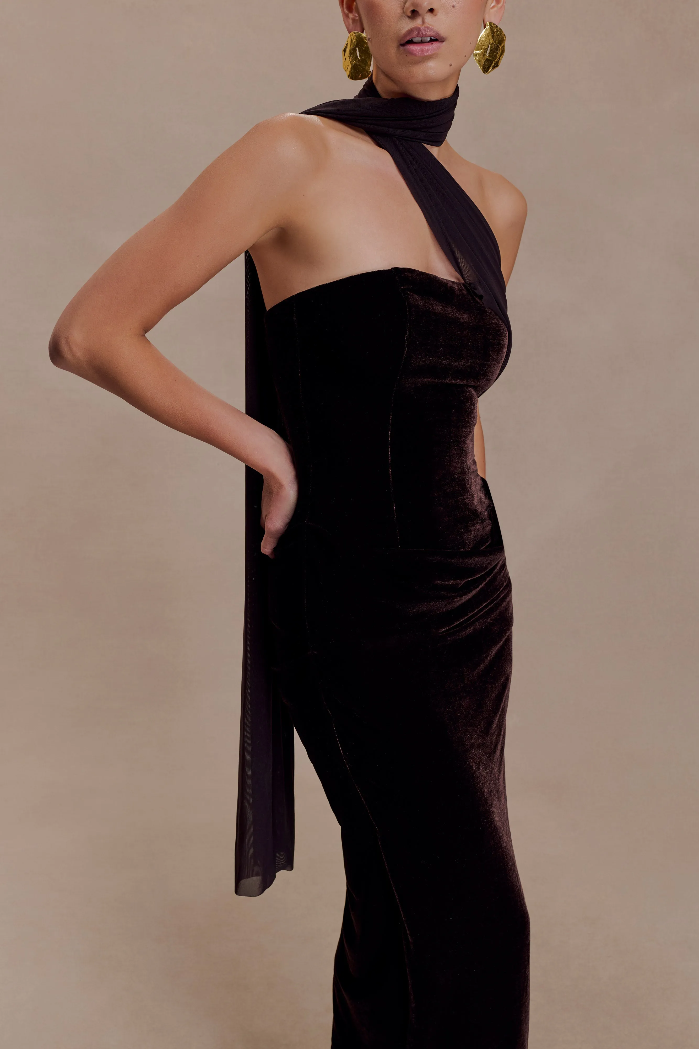 Mattea Velvet Midi Dress With Scarf - Chocolate sold by Meshki product image thumbnail 5