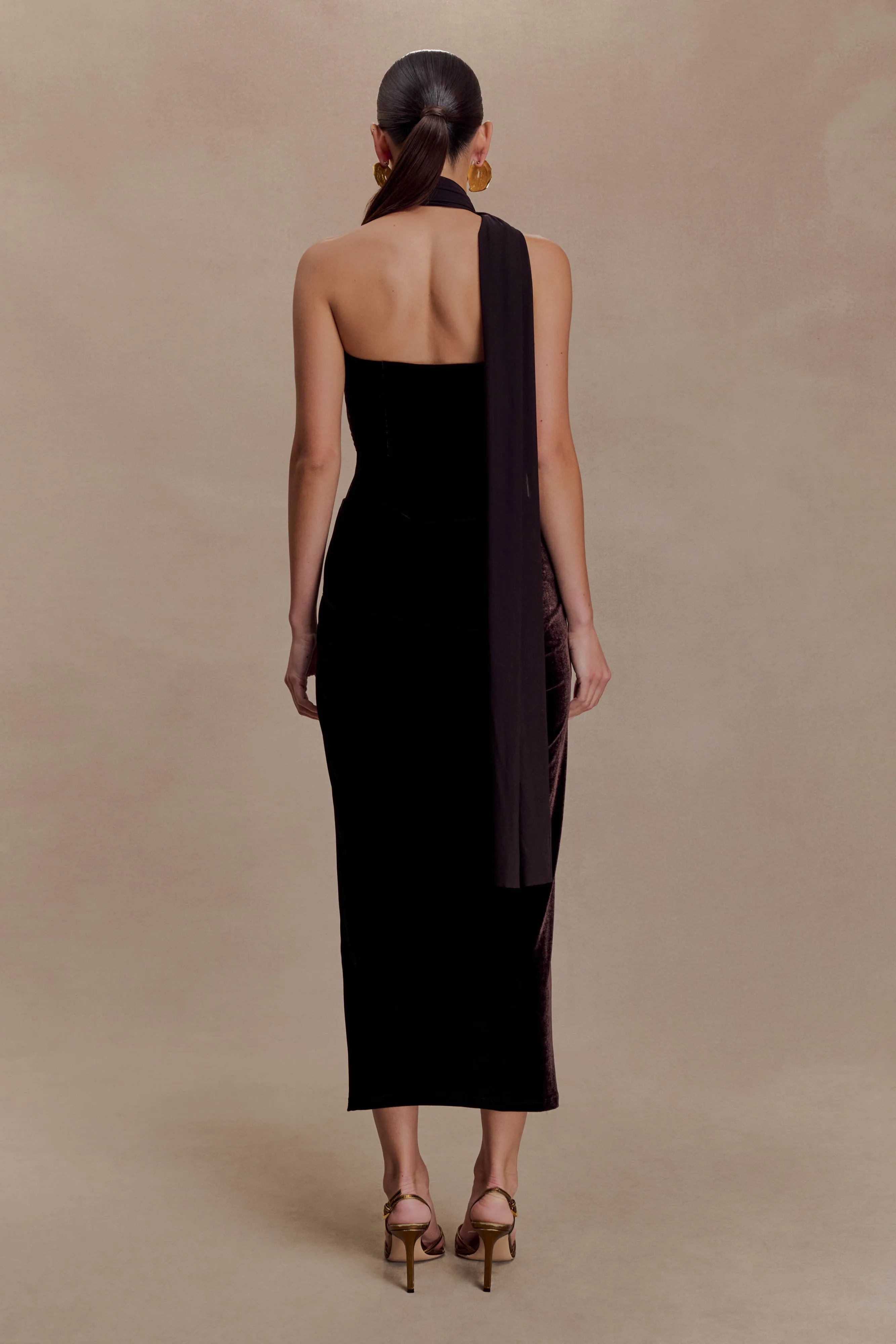 Mattea Velvet Midi Dress With Scarf - Chocolate sold by Meshki product image thumbnail 2