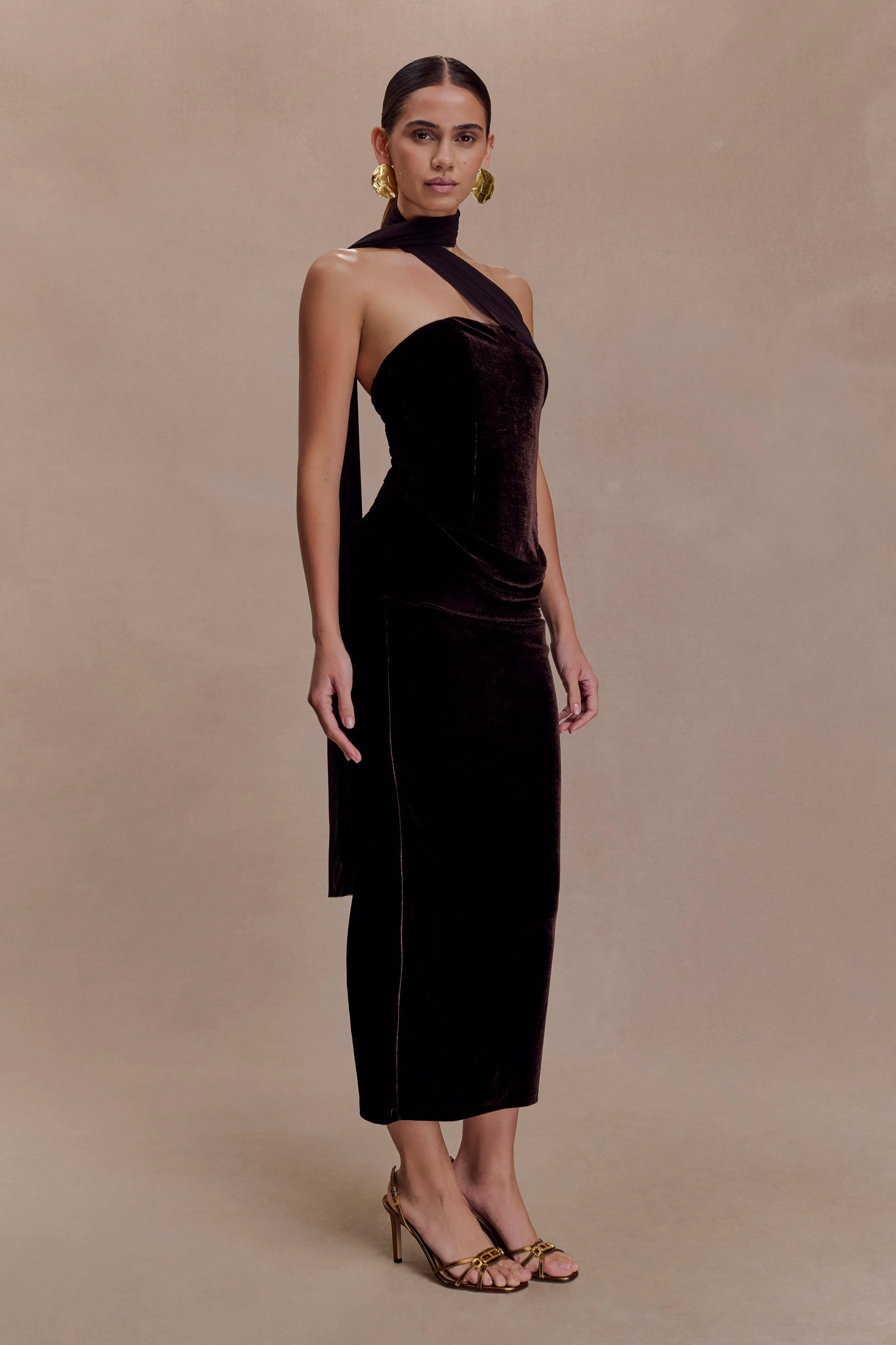 Mattea Velvet Midi Dress With Scarf - Chocolate sold by Meshki product image thumbnail 3