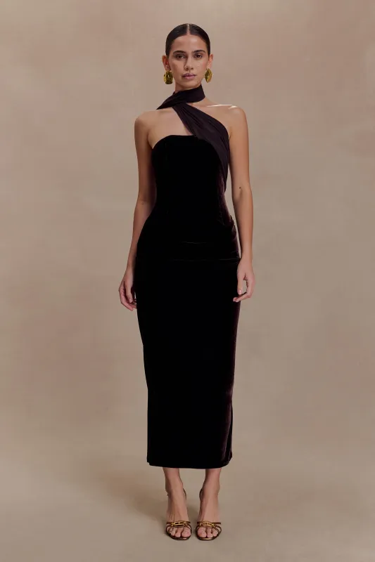 Mattea Velvet Midi Dress With Scarf - Chocolate sold by Meshki