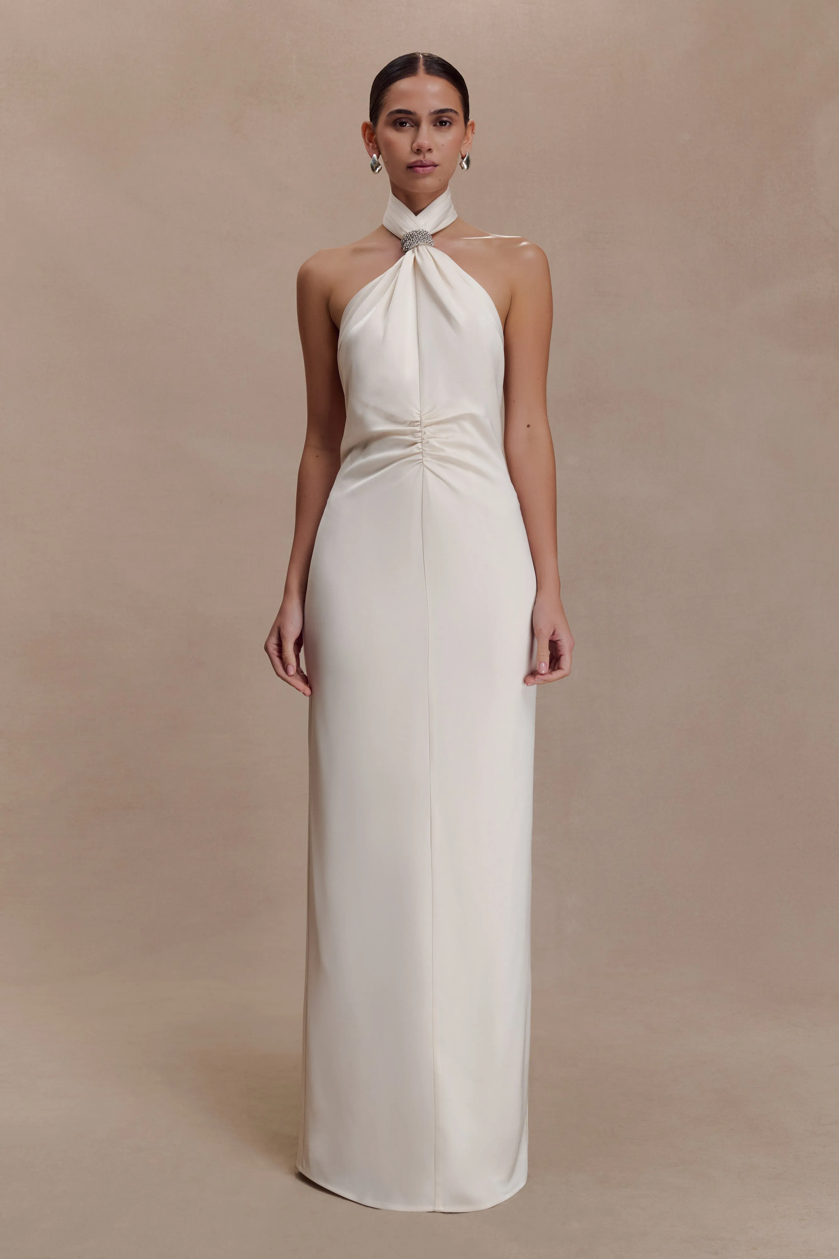 Freja Halter Maxi Dress With Hardware - Blush Ivory sold by Meshki