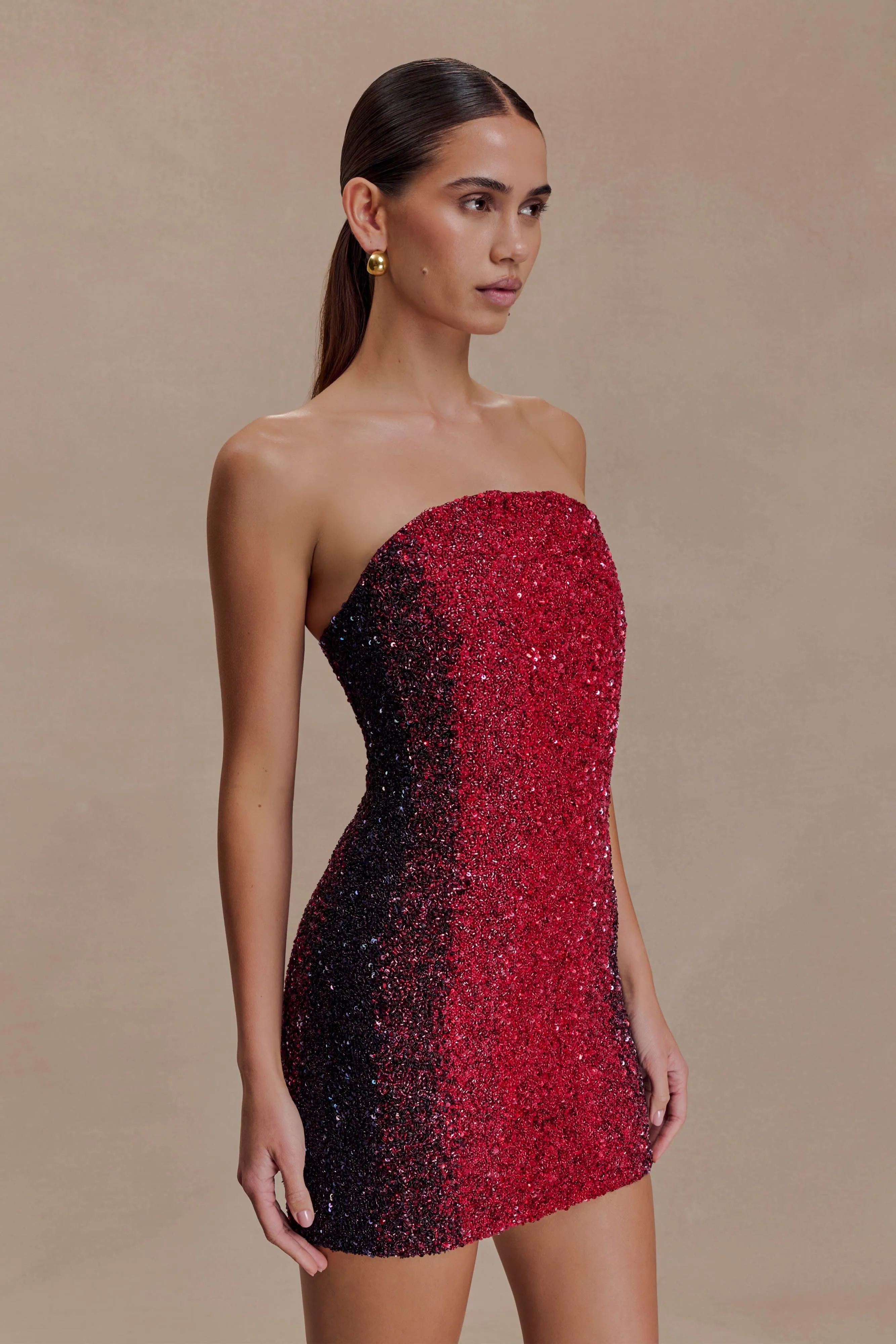 Zander Hand Beaded Strapless Mini Dress - Red Ombre sold by Meshki product image thumbnail 3